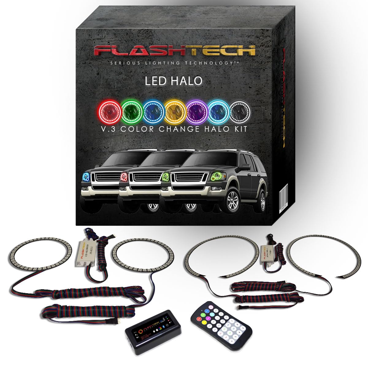 Flashtech LED RGB Multi-Color Halo Ring Headlight Kit with ColorFuse Bright Bluetooth RF Remote & APP Control - Compatible with Ford Explorer 2006-2010 | Upgrade Car Lighting for Night Driving & Custom Styling