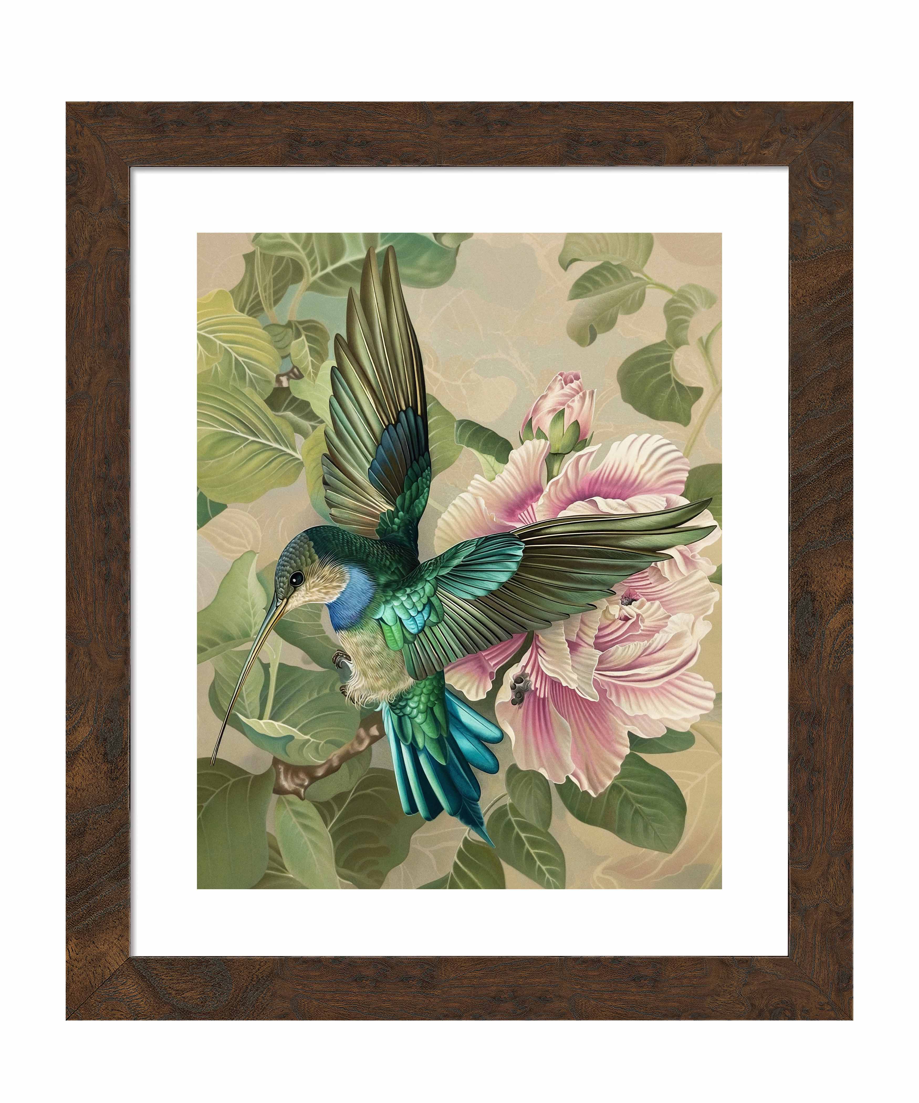 Emerald Flight Hummingbird Among Hibiscus Wall Art Print - Vibrant Tropical Home Decor for Living Room, Bedroom & Office