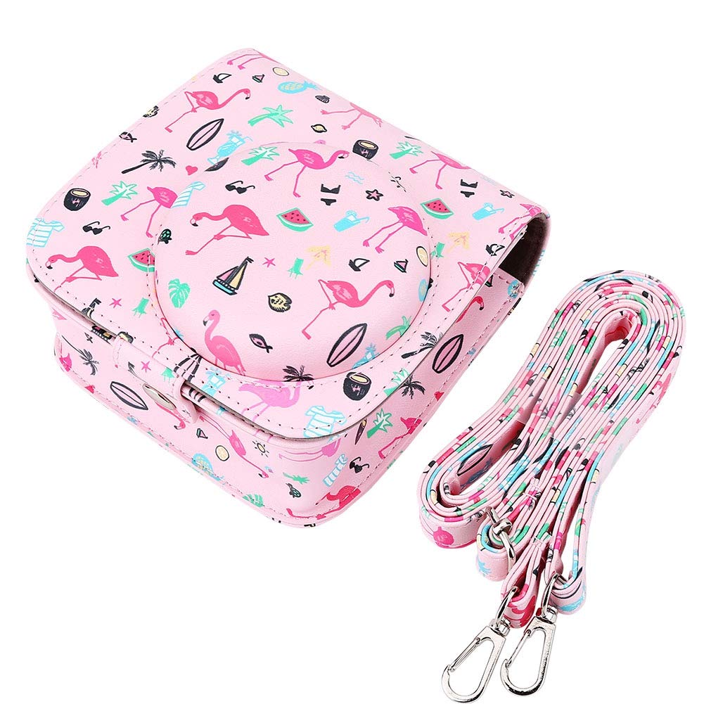 ANGGREK Flamingo Pattern PU Leather Camera Case Bag with Strap - Protective Pouch for Fujifilm Mini 8/8+/9/9+ & Instant Cameras - Perfect for Travel, Parties & Everyday Photography