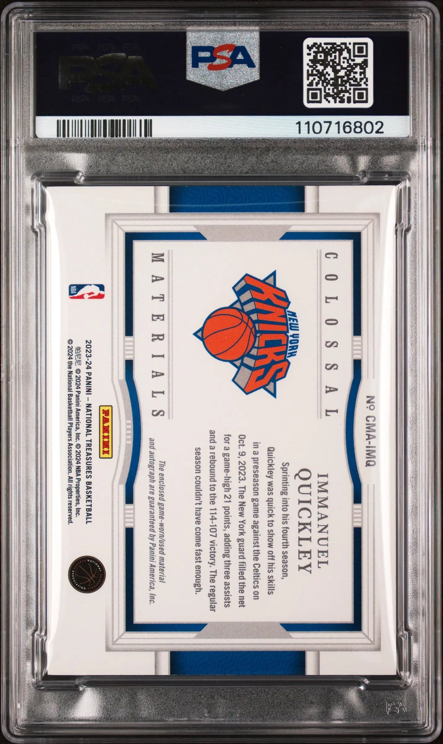 2023 Panini National Treasures Colossal Material Auto Prime Immanuel Quickley PSA 9/10 - Rare Basketball Trading Card for Collectors & Investors - Perfect for Display, Gifts, and Memorabilia Collections