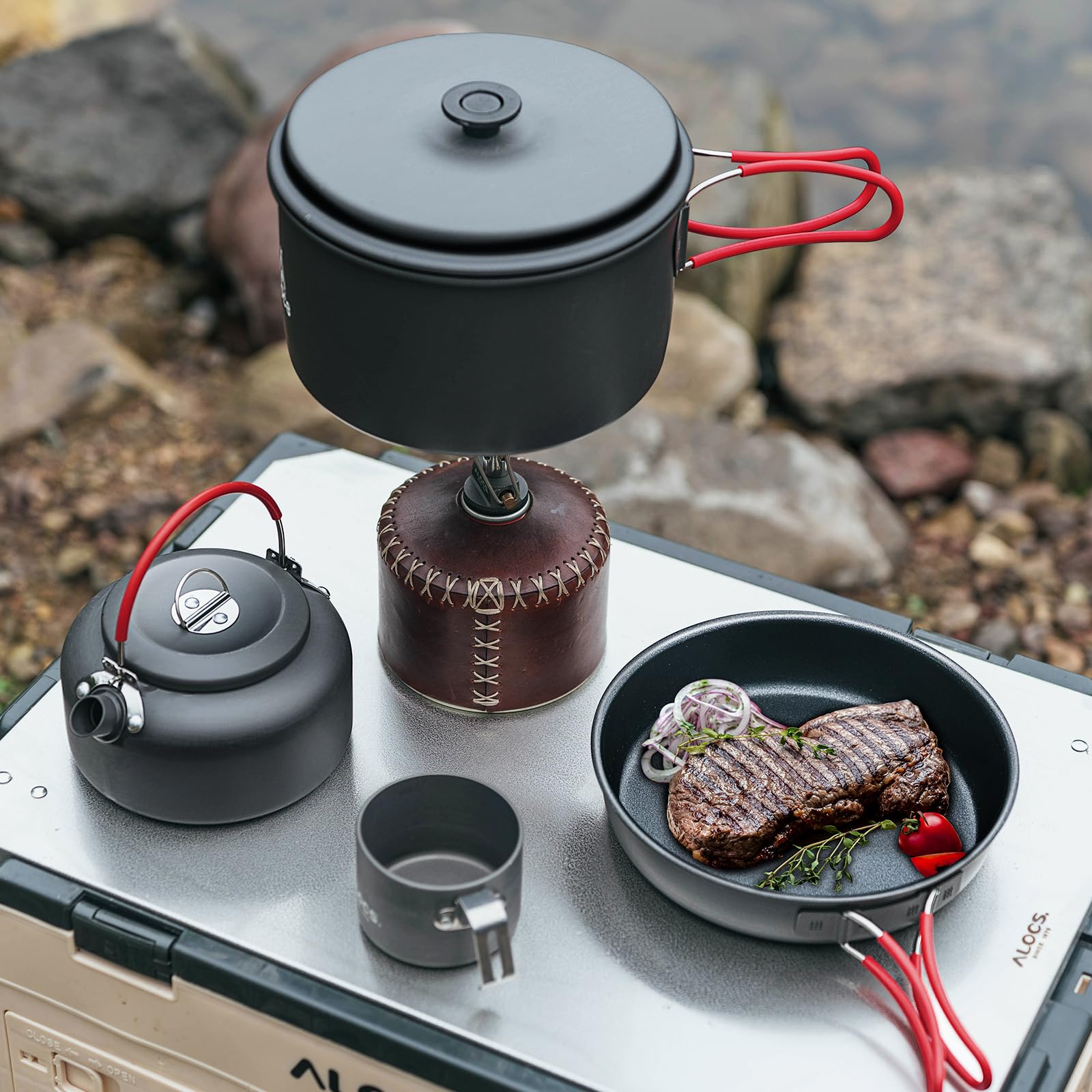 **Alocs Camping Cookware Set - Lightweight & Durable Hard Alumina Outdoor Pots and Pans for Backpacking, Hiking, Picnics - Includes Mesh Carry Bag - Perfect for Camping Meals & Outdoor Adventures**