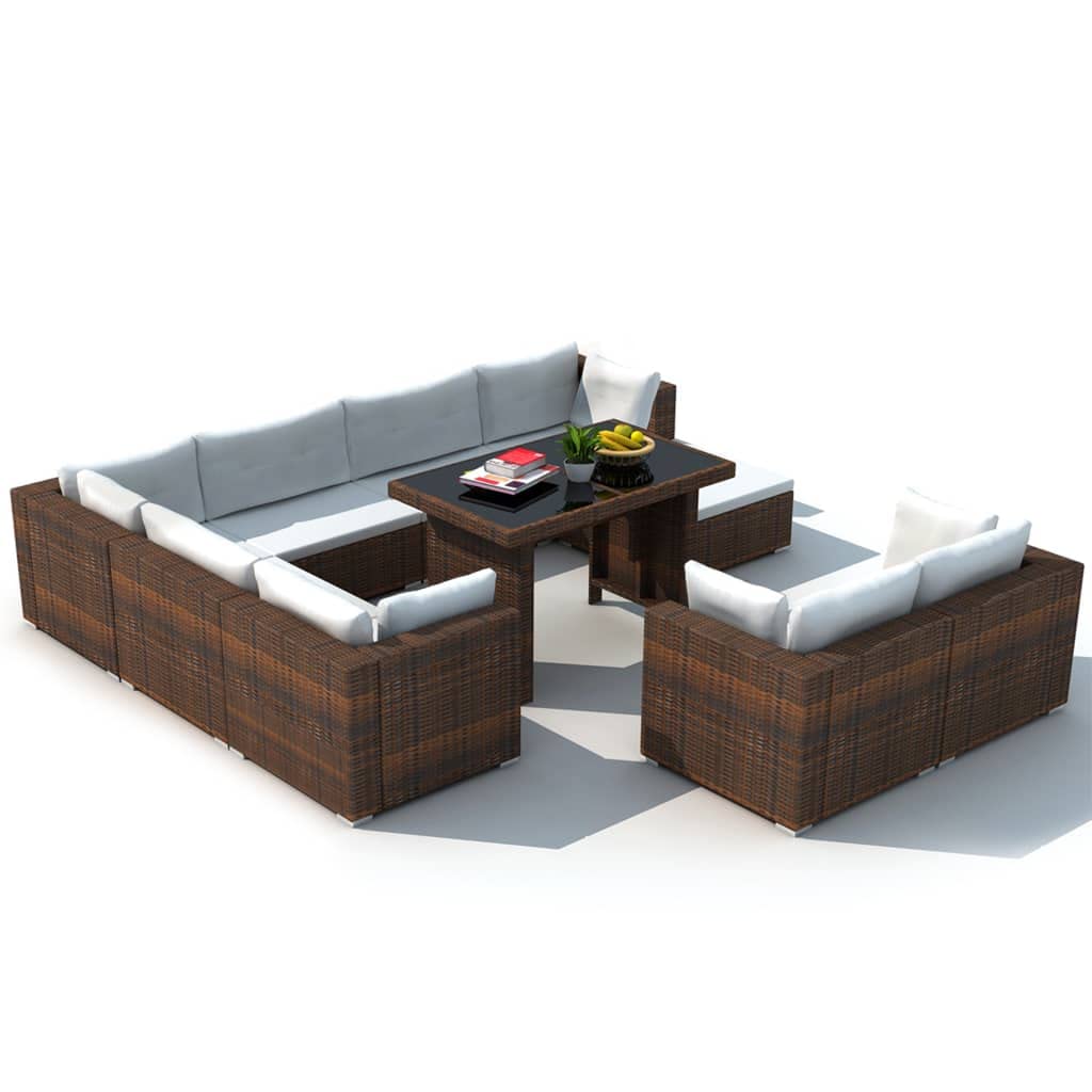 10-Piece All-Weather Outdoor Patio Furniture Set - Brown Poly Rattan Sectional Sofa with Cushions & Coffee Table - Perfect for Yard, Garden, Poolside, Deck or Backyard Relaxation
