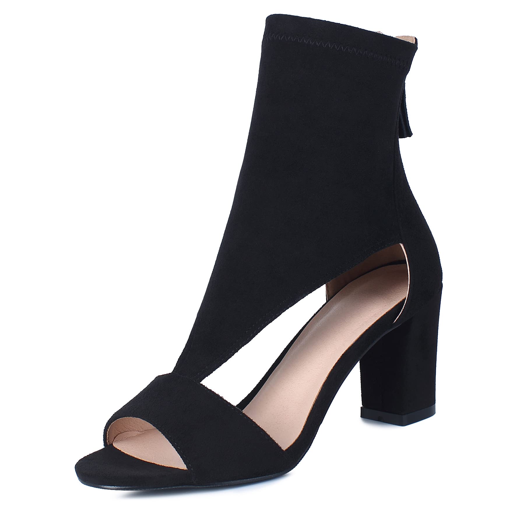 Black Suede Women's Peep Toe Booties Sandals - T-Strap Cutout Design with Back Zipper, Open Toe Chunky High Heel Pump Boots for Prom, Party & Evening Wear | Hollow Caged Wrap-Up Block Heel Dress Shoes