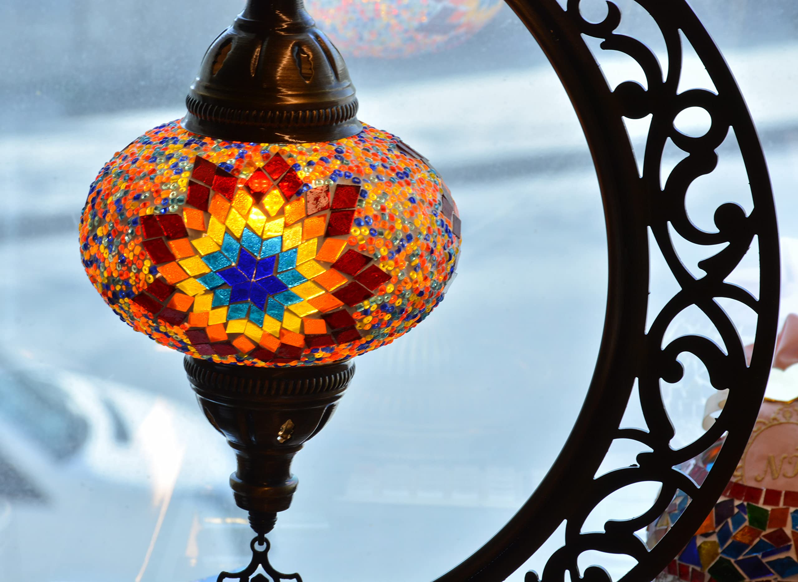 Mozaist Turkish Tiffany Style Moon Shape Table Lamp - Handcrafted Moroccan Mosaic Crescent Desk Light with Stained Glass, E12 Socket & US Plug | Rustic Home Decor for Bedroom, Living Room & Dining Room (Sunflower Design)