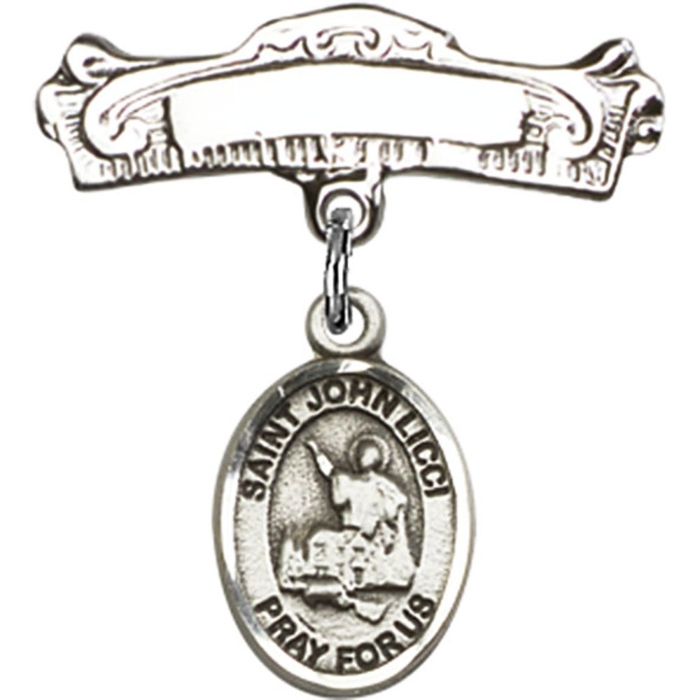 Sterling Silver Baby Badge with St. John Licci Charm - 7/8 X 7/8 Inch Arched Polished Pin - Perfect for Christening Gifts, Baby Blessings & First Communion Jewelry
