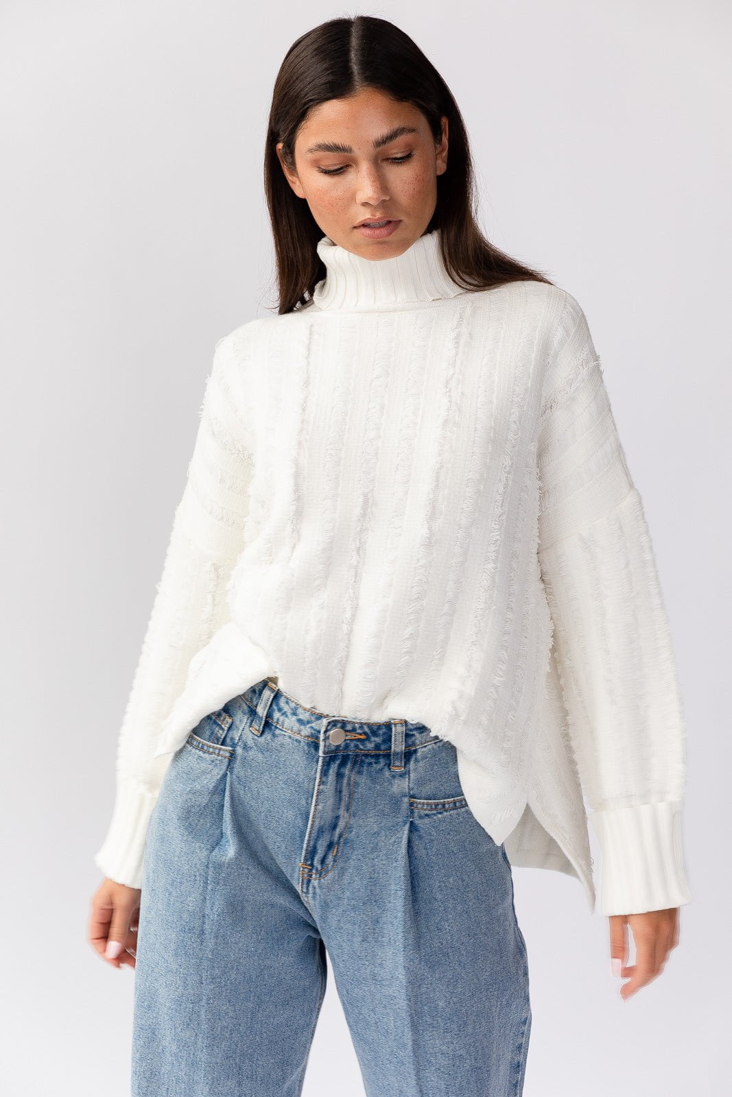 Dana Turtleneck Fringe Knit Sweater for Women - Cozy Winter Pullover with Bohemian Style - Perfect for Christmas Party & Office Wear (White)