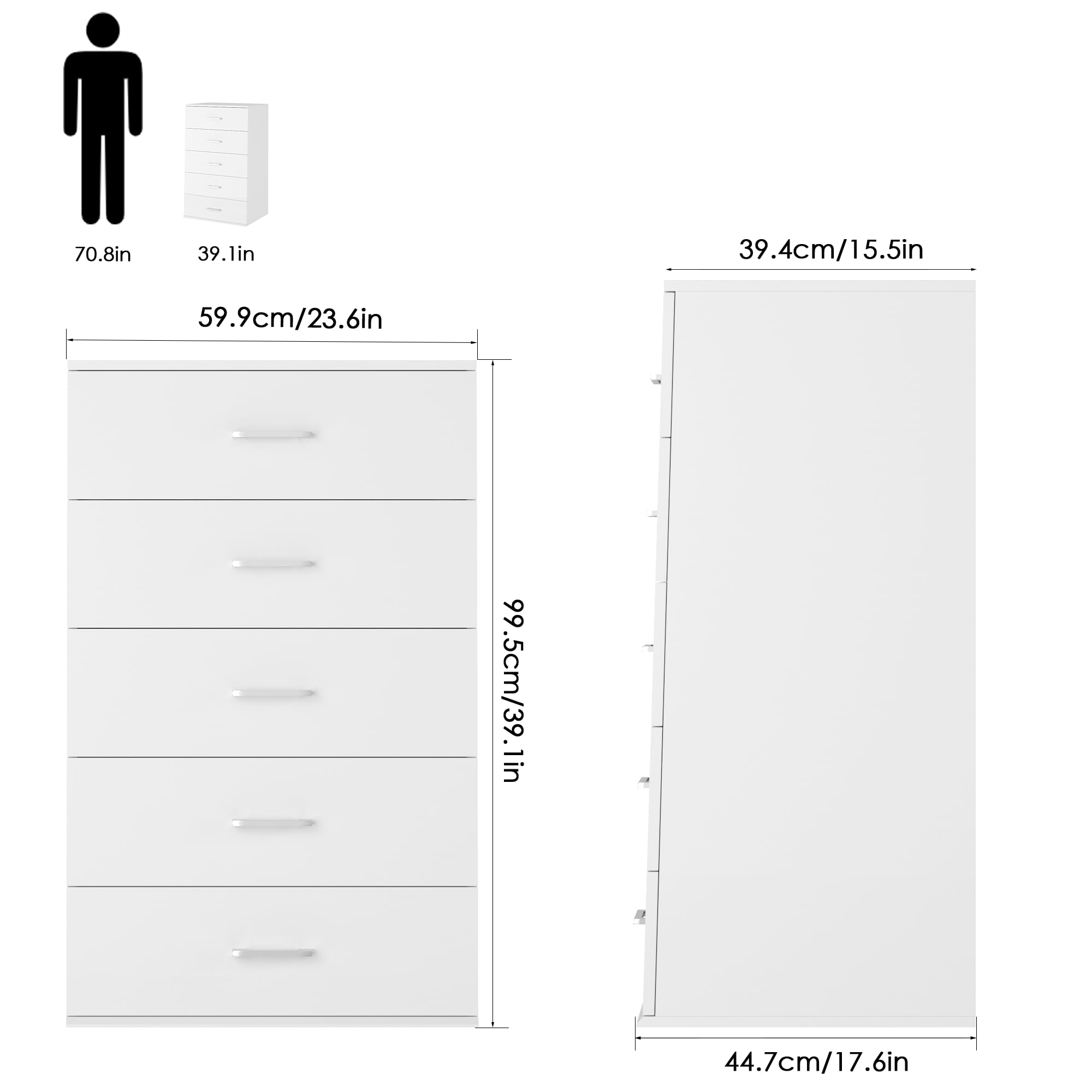 TTVIEW White Dresser with Metal Handles - 5-Drawer Tall Chest of Drawers for Bedroom, Living Room, Entryway & Kitchen Storage | Modern Furniture for Home Organization & Decor