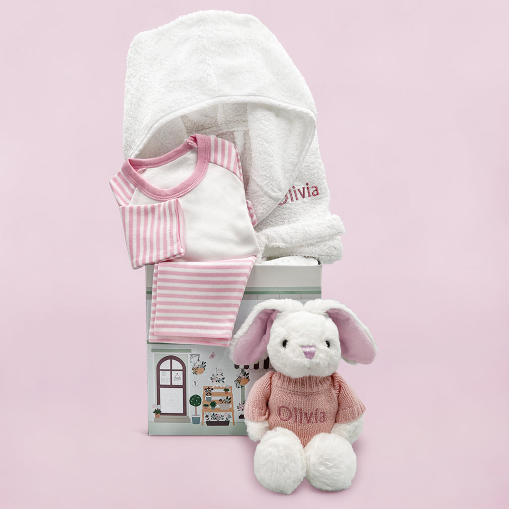 Personalized Pink Bunny Bath and Bedtime Hamper Set with White Bathrobe for Babies 6-12 Months - Perfect for Nursery, Baby Showers & Cozy Bedtime Routines