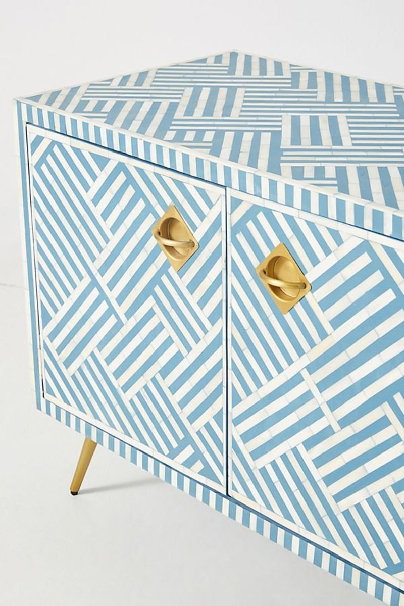 Handmade Bone Inlay TV Stand with Four Doors - Sky Blue Media Console for Living Room, Bedroom & Home Theater - Modern Optical Design Storage Cabinet for TV, Gaming Console & Entertainment Systems