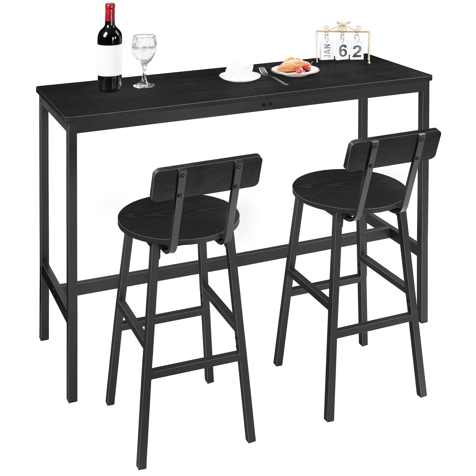2-Pack Black Bar Stools with Back & Footrest - 24.4 Inch Round Counter Height Stools for Kitchen, Dining Room & Home Bar - Perfect for Breakfast Nooks, Pub Tables & Entertainment Areas