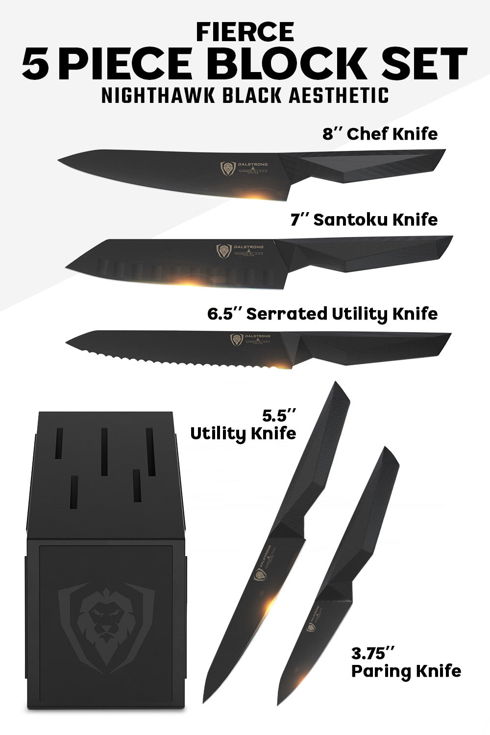 Dalstrong Shadow Black Series 5-Piece NSF Certified Knife Block Set - Perfect for Professional Chefs & Home Cooks - Ideal for Kitchen Organization & Safe Knife Storage