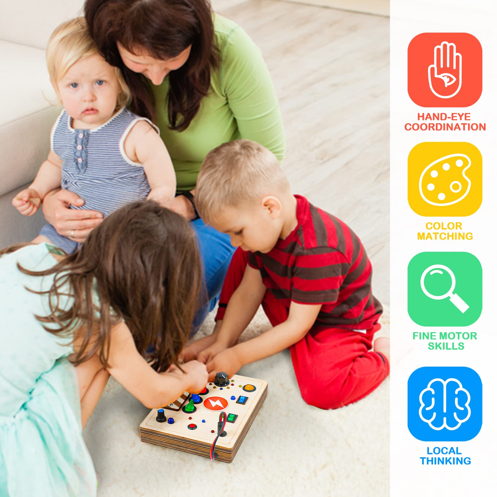 Montessori Busy Board Sensory Toys for Toddlers - LED Light Up Switch, Educational Learning Fidget Travel Toys for Boys & Girls - Perfect for Airplane, Car Rides & Home Playtime