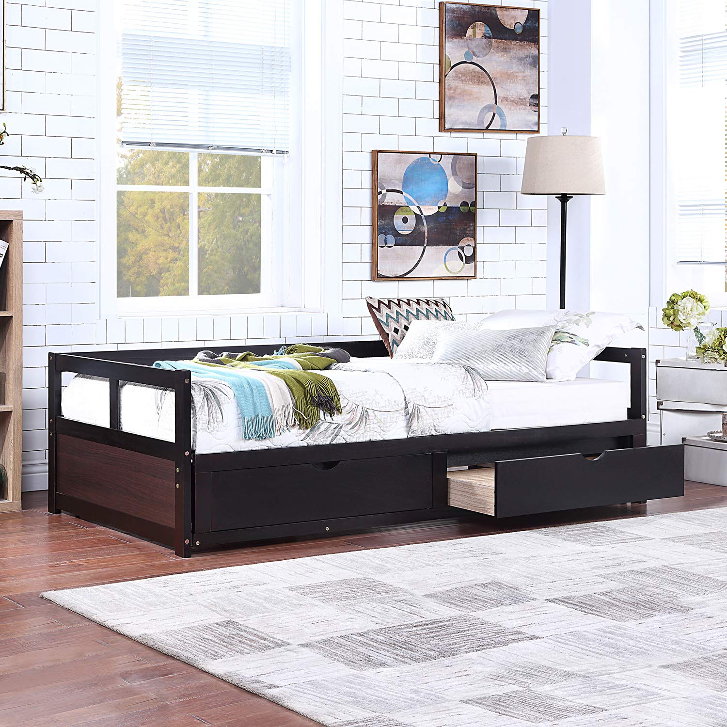 Extendable Daybed with Trundle - Twin to King Size Wooden Storage Bed for Kids, Teens & Adults | No Box Spring Needed | Espresso Finish | Perfect for Guest Rooms, Dormitories & Small Spaces
