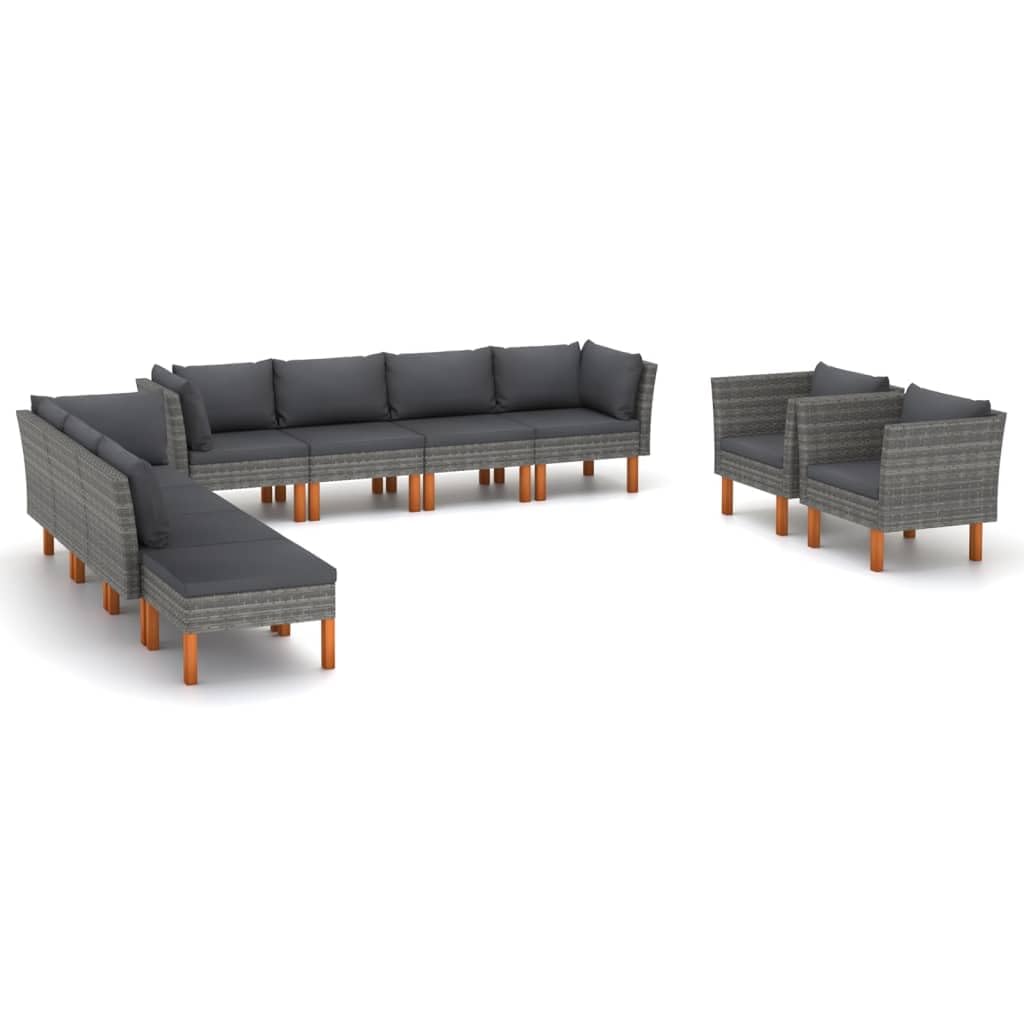 Premium 10-Piece Outdoor Patio Lounge Set with PE Rattan & Eucalyptus Wood - Weather-Resistant Powder-Coated Steel Frame - Includes Comfortable Washable Cushions & Footstool (Grey/Anthracite) - Perfect for Backyard, Poolside & Garden Relaxation