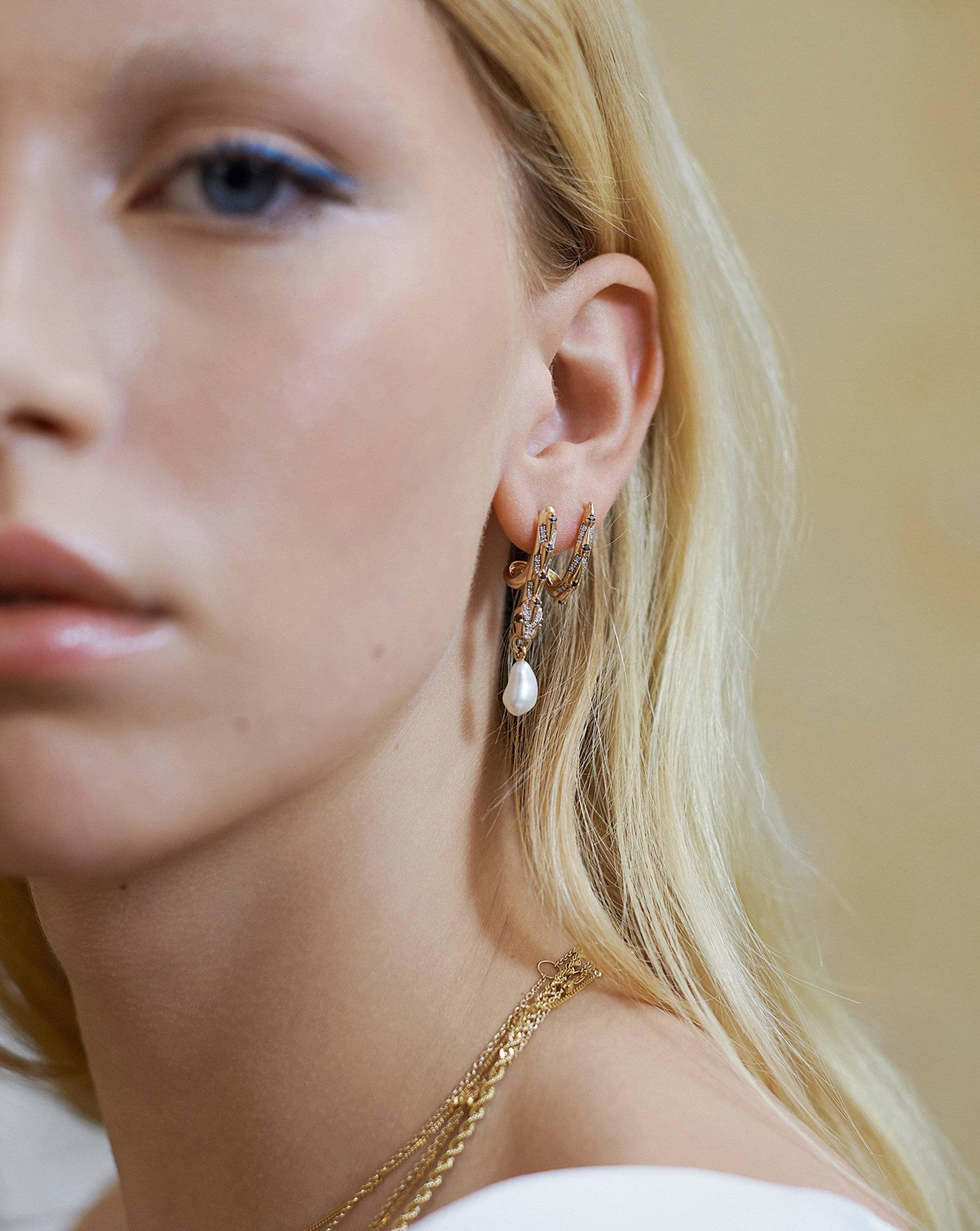 Harris Reed Fine Coiled Serpent Earrings - 14k Solid Gold with Pearl & Diamond Accents | Luxury Statement Jewelry for Women, Perfect for Evening Events & Special Occasions