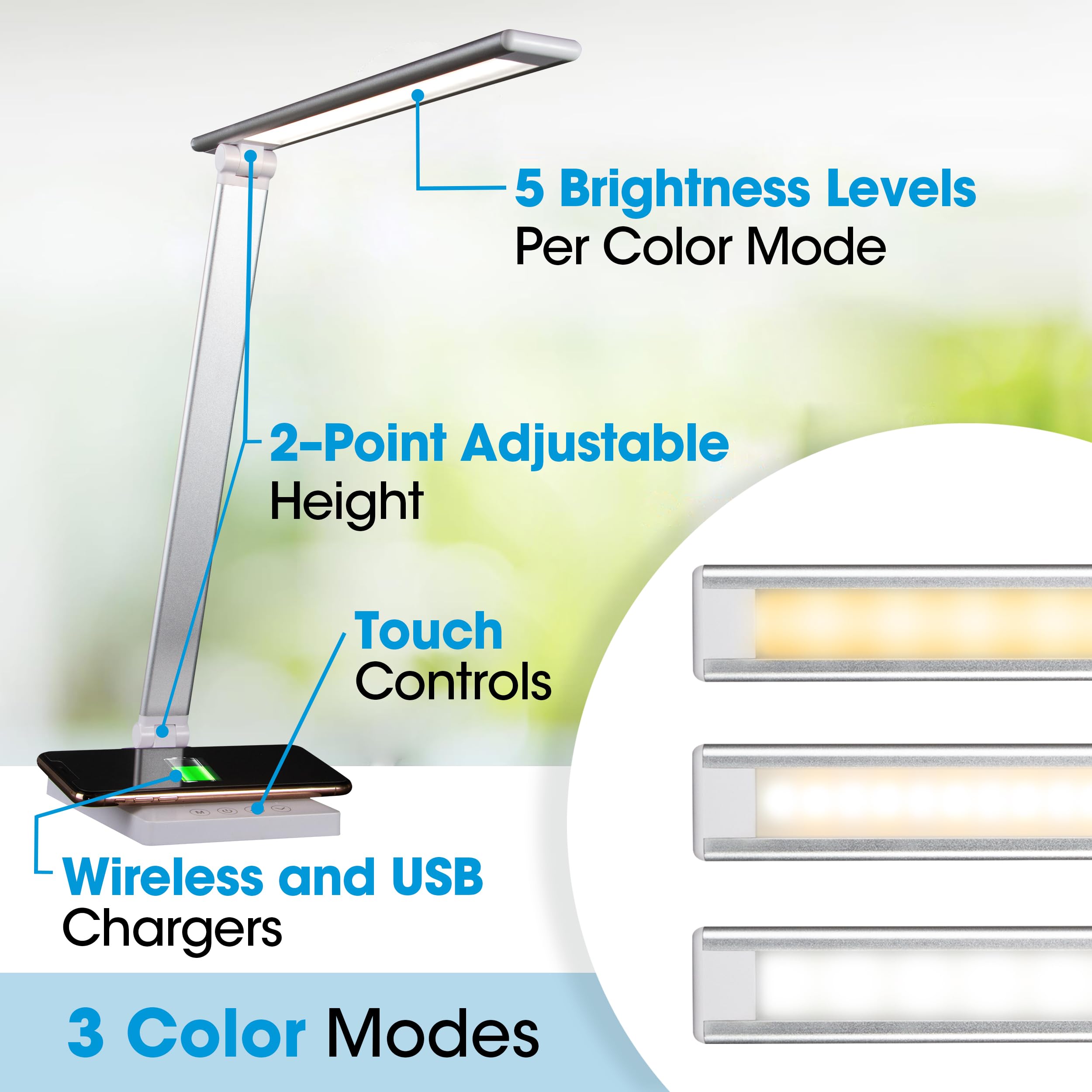 OttLite Entice LED Desk Lamp with Wireless Charger & USB Port - Adjustable Foldable Arm, 3 Color Temperatures, Touch Controls - Perfect for Home Office, Reading, Studying & Nightstand Lighting