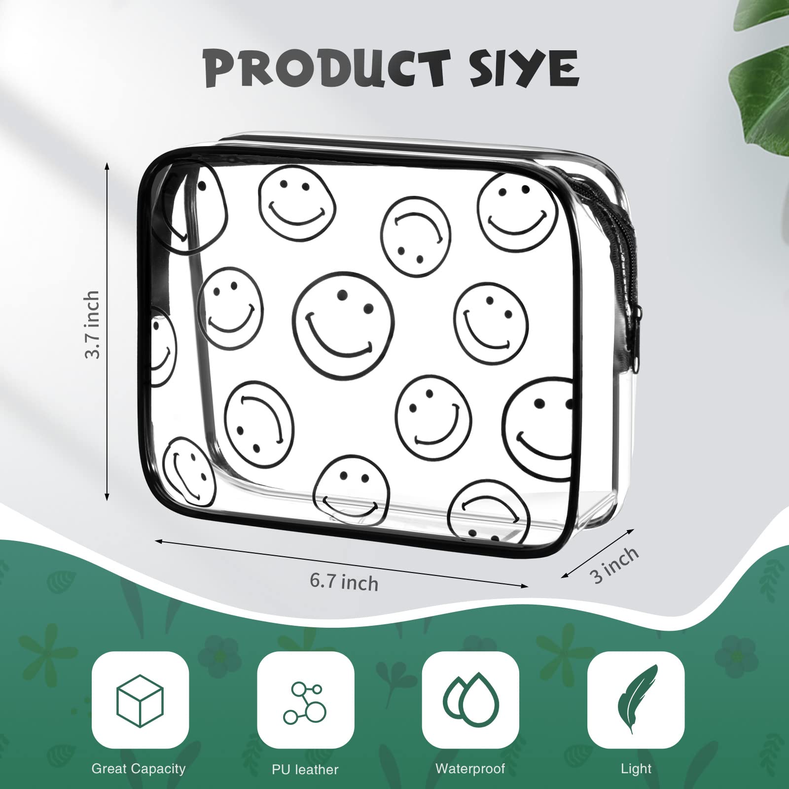 3-Piece Clear PVC Makeup Bags with Zipper - Smiley Face Cosmetic Organizer for Travel, Lightweight Transparent Toiletry Bags for Women | Perfect for Airplane Carry-On, Gym Essentials & Daily Beauty Storage