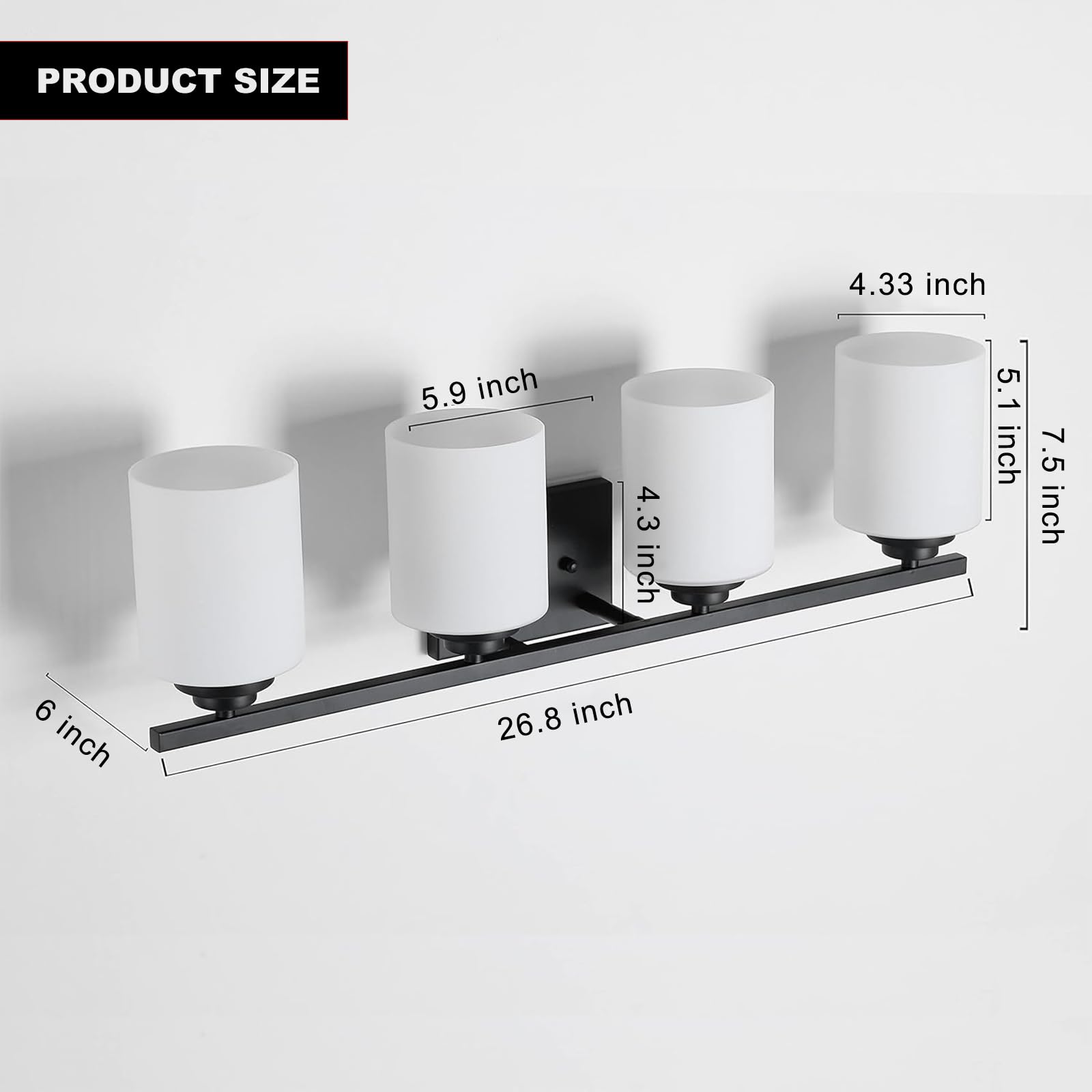 Black Bathroom Light Fixtures - 4-Light Rustproof Vanity Light, 27-Inch Modern Wall Mount Lighting with Milky White Glass, Standard E26 Base - Perfect for Bathroom Vanity, Living Room, and Bedroom Lighting