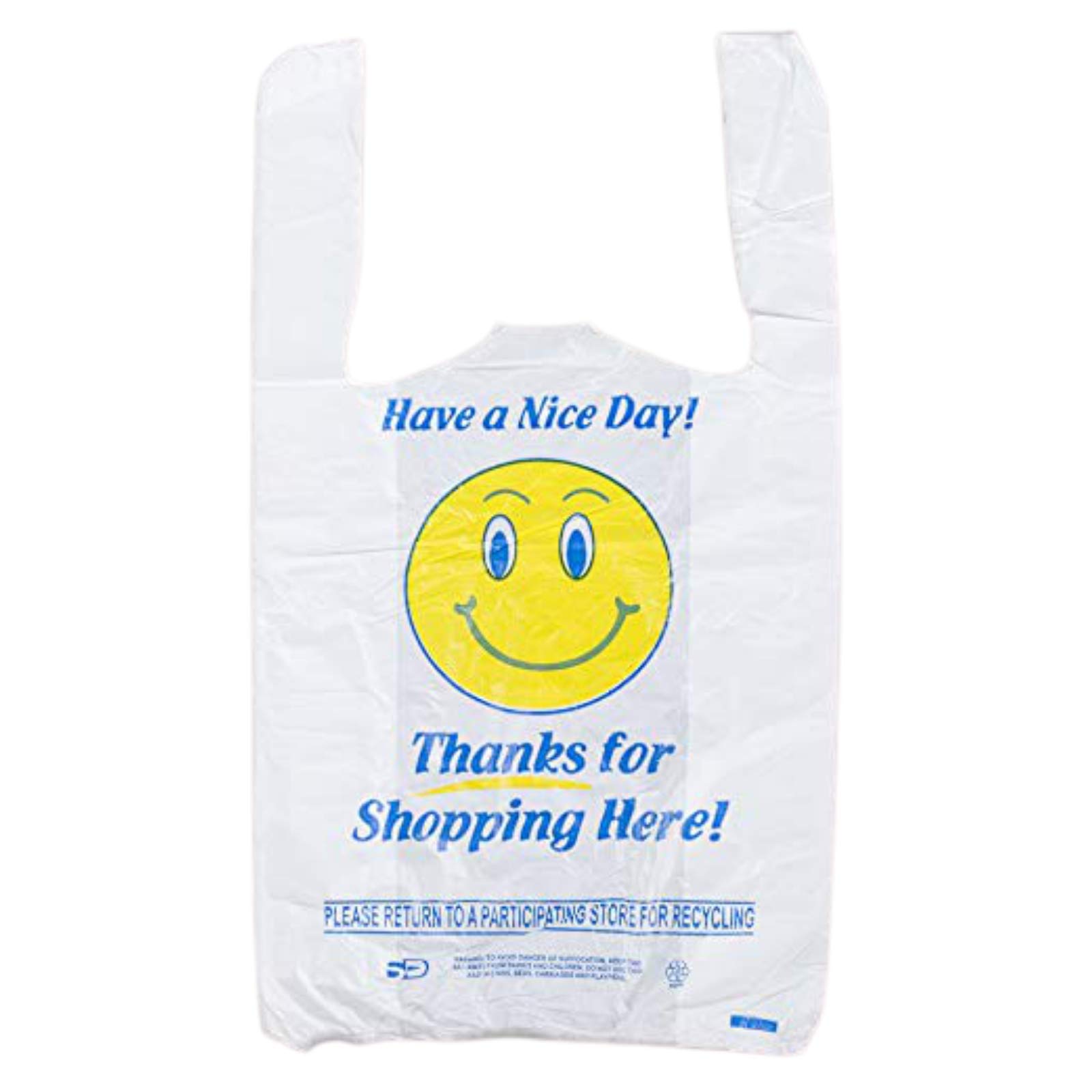 Pine Shopping Bags - Happy Face Reusable Grocery Bags | Heavy Duty T-Shirt Plastic Bags for Shopping, Gifts & Market Use | Eco-Friendly White Bags (Pack of 95) - Perfect for Grocery Stores, Retail Shops & Sustainable Shopping