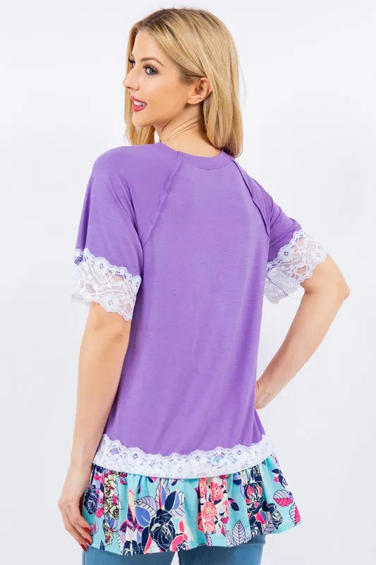 Celeste Plus Size Lace Trim Short Sleeve Blouse - Women's Floral Embroidered Casual Tops for Summer, Date Night & Office Wear