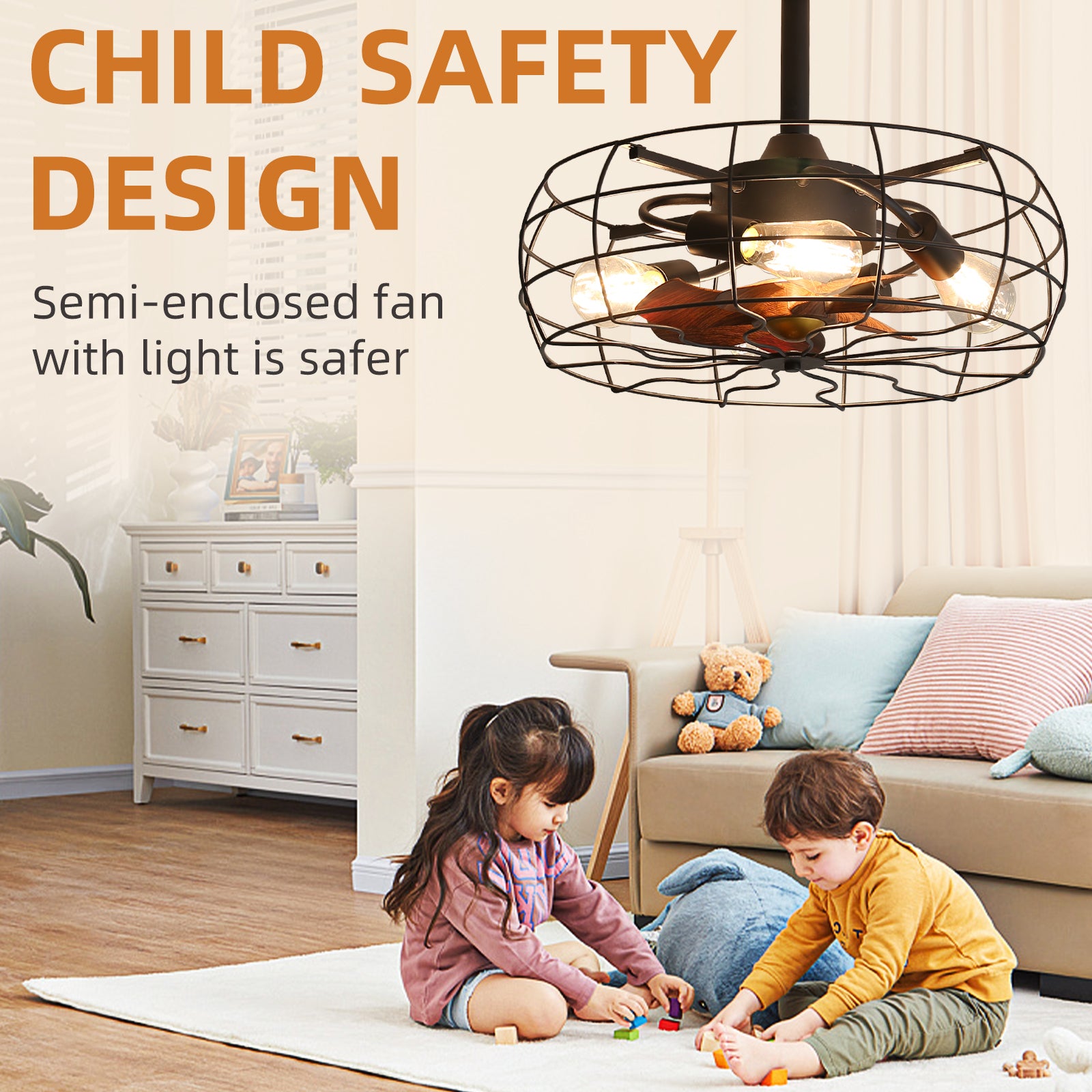 19 Inch Vintage Cage Ceiling Fan with Lights - Industrial Retro Style for Living Room, Bedroom, or Patio (Bulbs Not Covered by Warranty)