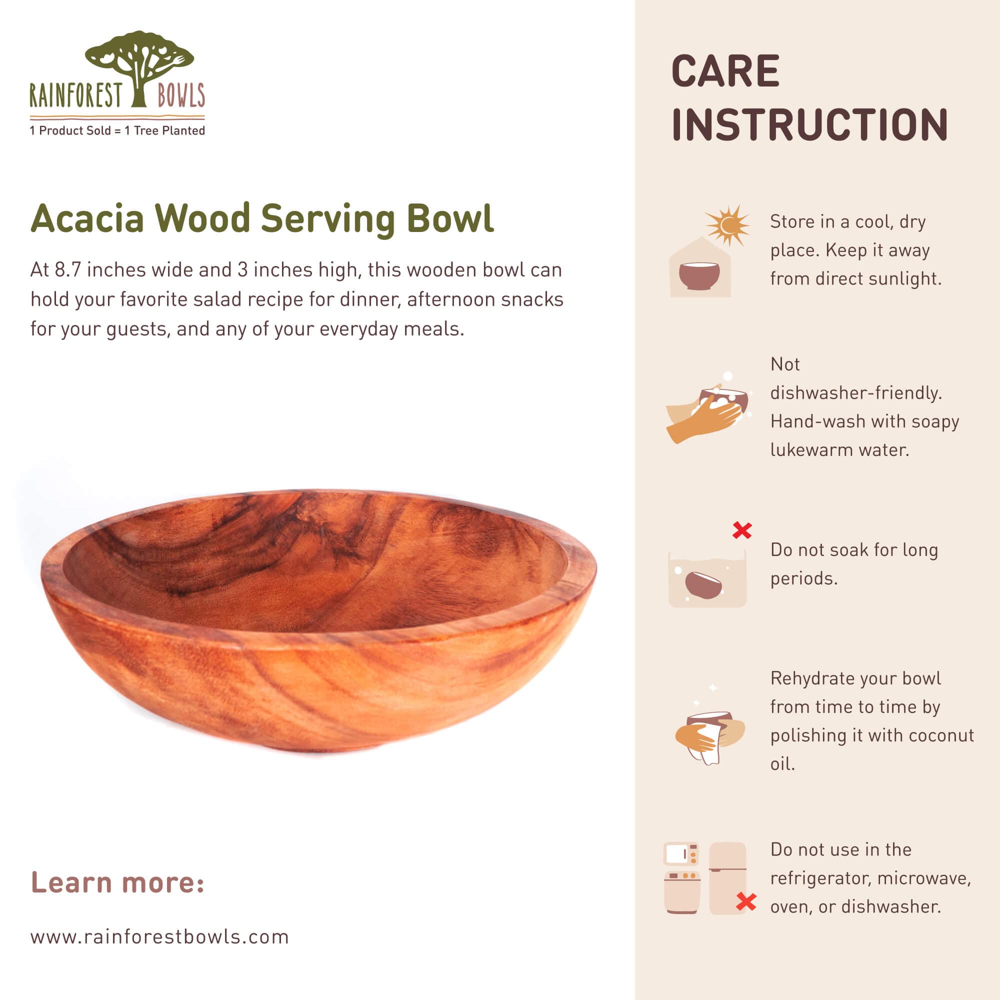 Handcrafted Acacia Wood Serving Bowl - 8.7 Inch Natural Wooden Bowl for Fruits, Salads, Snacks & Desserts | Eco-Friendly Sustainable Tableware | Perfect for Dinner Parties, Picnics & Kitchen Gifts