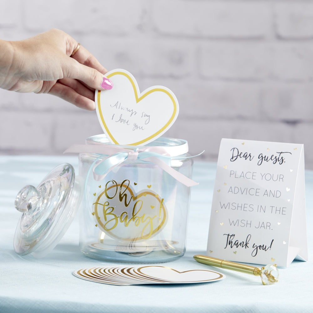 Iridescent Baby Shower Wish Jar with Heart-Shaped Cards - Perfect for Gender Reveals, Baby Registry Gifts & Nursery Decor