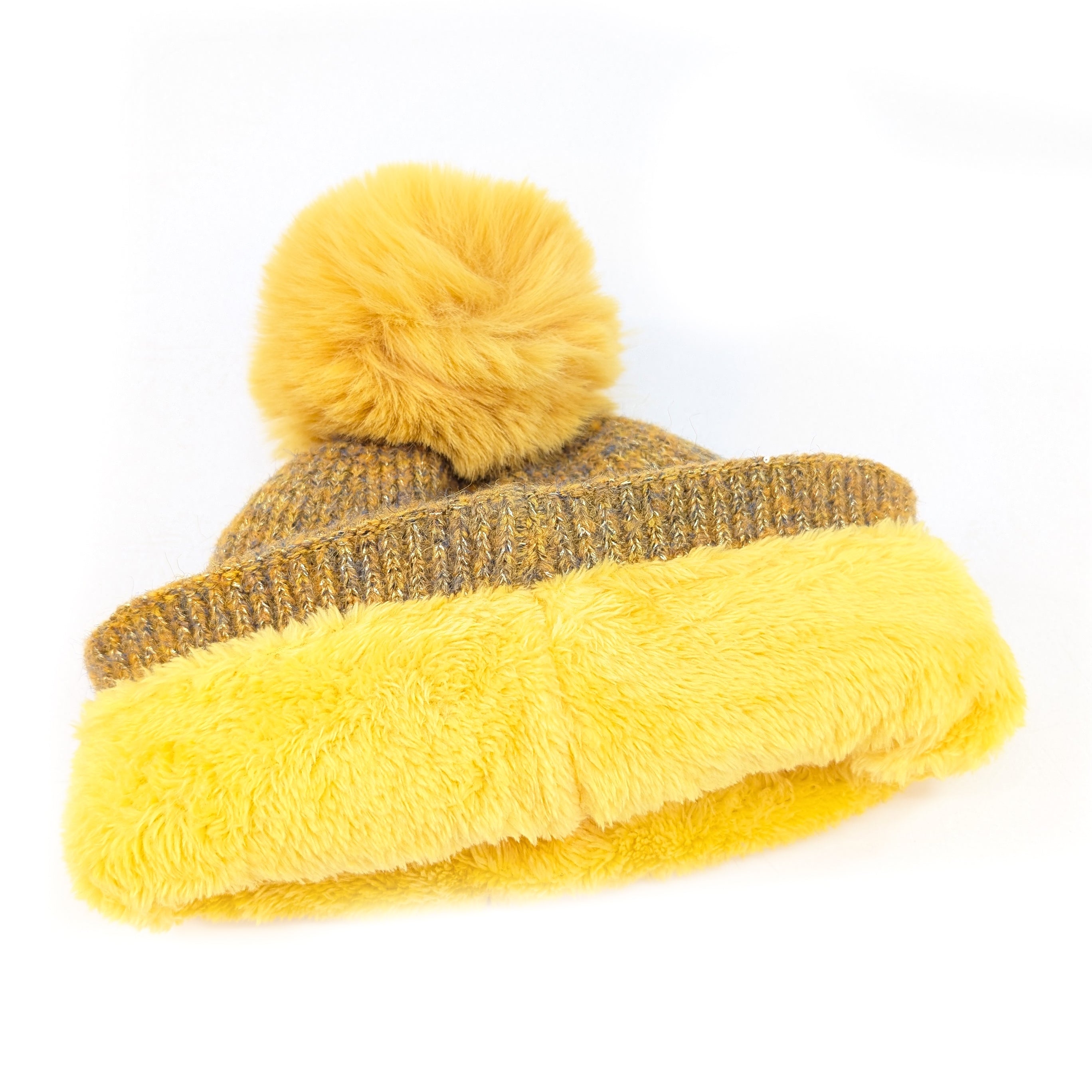 Sequin Faux Fur PomPom Winter Hat - Mustard Yellow Beanie for Women | Cozy & Stylish Cold Weather Accessory for Outdoor Activities, Parties & Holidays