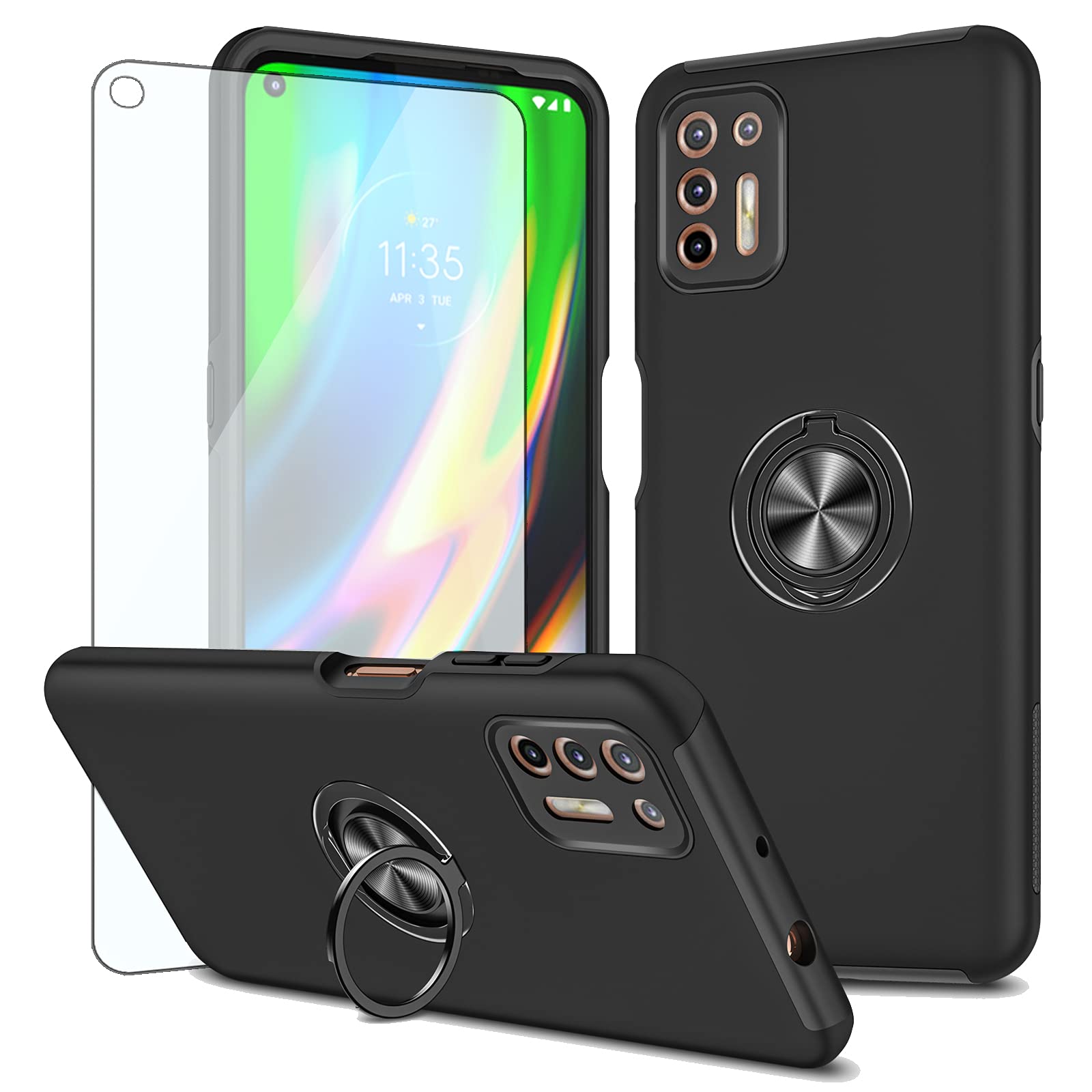 ASUWISH Magnetic Ring Holder Case with Tempered Glass Screen Protector for Moto G9 Plus - Slim Protective Cover Compatible with Motorola Moto G9/G9+/G9 Plus - Perfect for Work, Travel & Daily Use (Black)