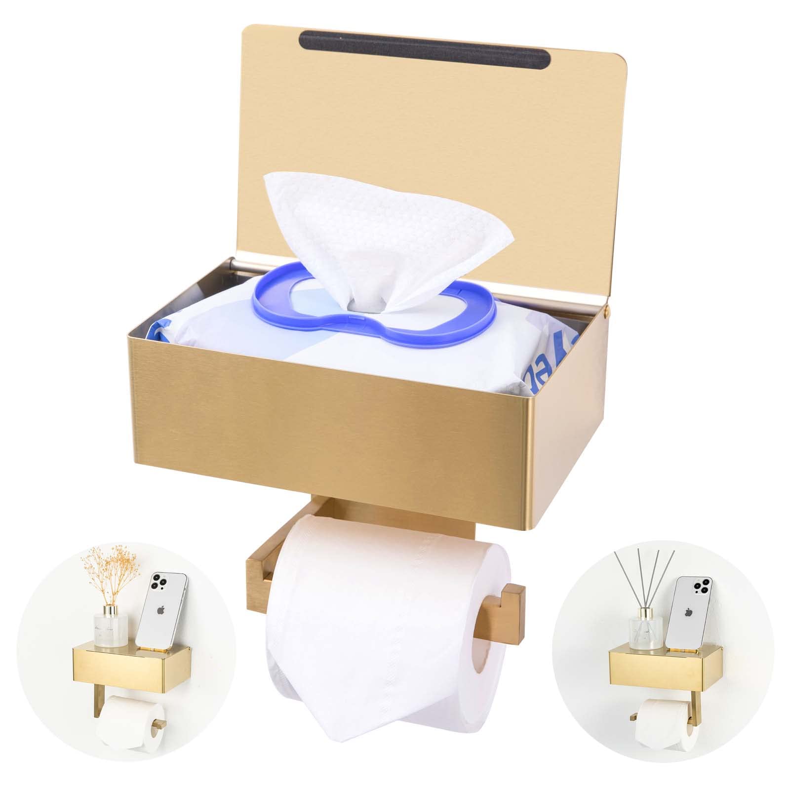 Stainless Steel Wall Mount Toilet Paper Holder with Shelf & Flushable Wipes Dispenser - Gold Square Bathroom Tissue Storage Organizer for Modern Home Decor (Perfect for Small Bathrooms, Powder Rooms & RVs)