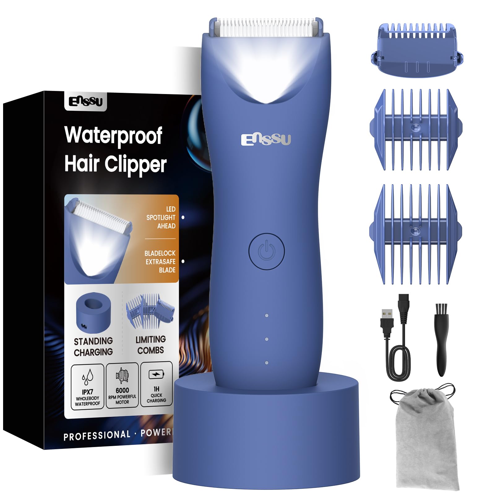 ENSSU Rechargeable Men's Body Hair Trimmer with LED Light & Waterproof Design - Pubic, Chest & Ball Trimmer with Charging Dock & Indicator (Blue) - Perfect for Travel, Gym & Home Grooming