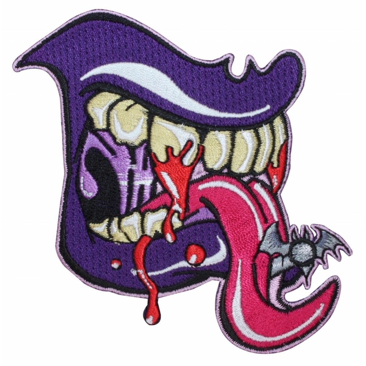 Kreepsville Purple Tongue Monster Teeth Fangs Embroidered Iron-On Patch for DIY Costumes, Jackets & Backpacks - Halloween & Cosplay Accessories