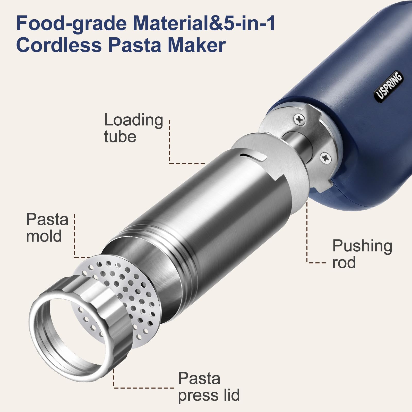 Uspring 5-in-1 Cordless Electric Pasta Maker Machine - Handheld Automatic Noodle Press with Dough Cutter for Homemade Spaghetti, Fettuccine & More - Perfect for Kitchen, Camping & Small Space Cooking (Blue)
