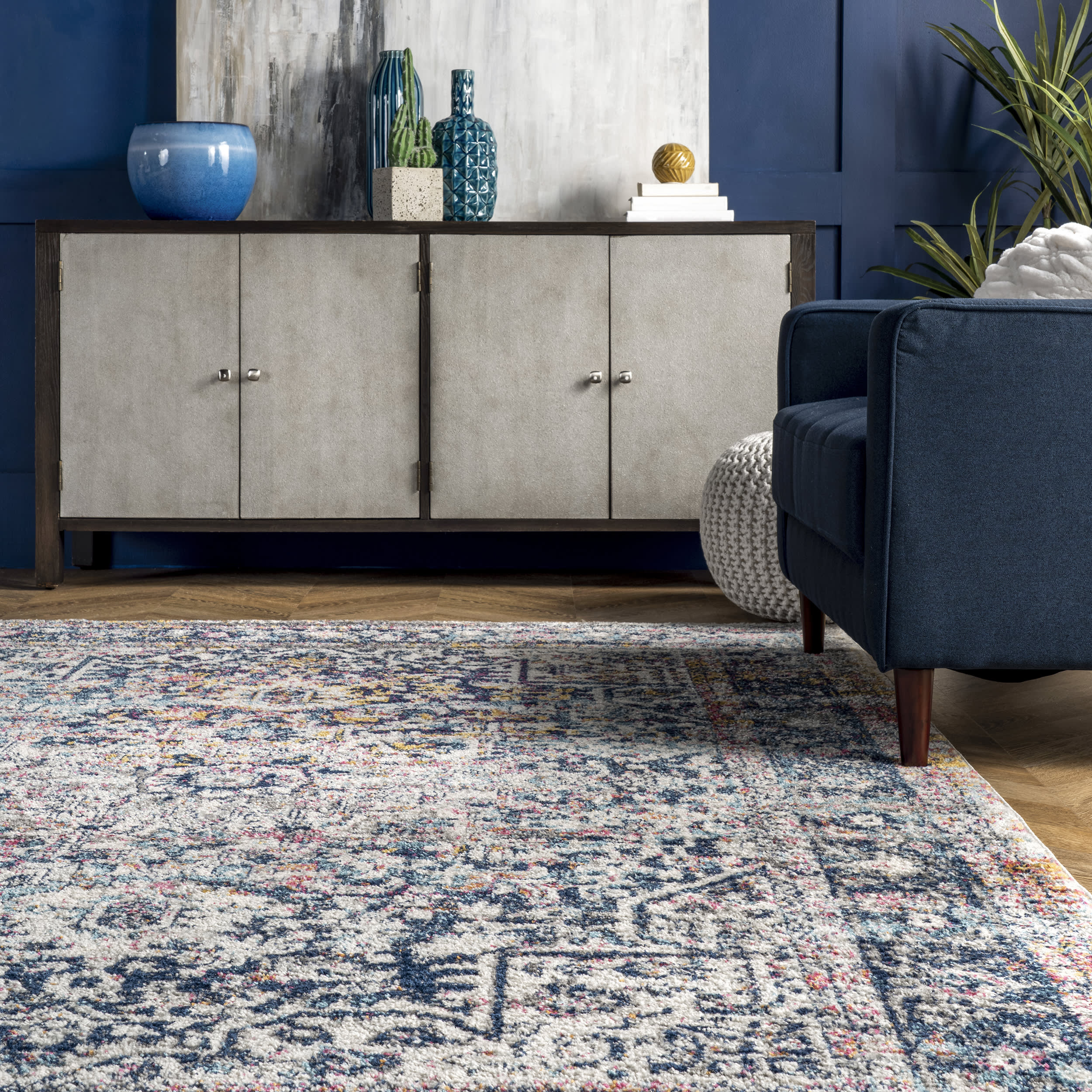 Faded Star Petal Emblem Rug - Blue Bohemian Area Rug for Living Room, Bedroom, or Nursery Decor