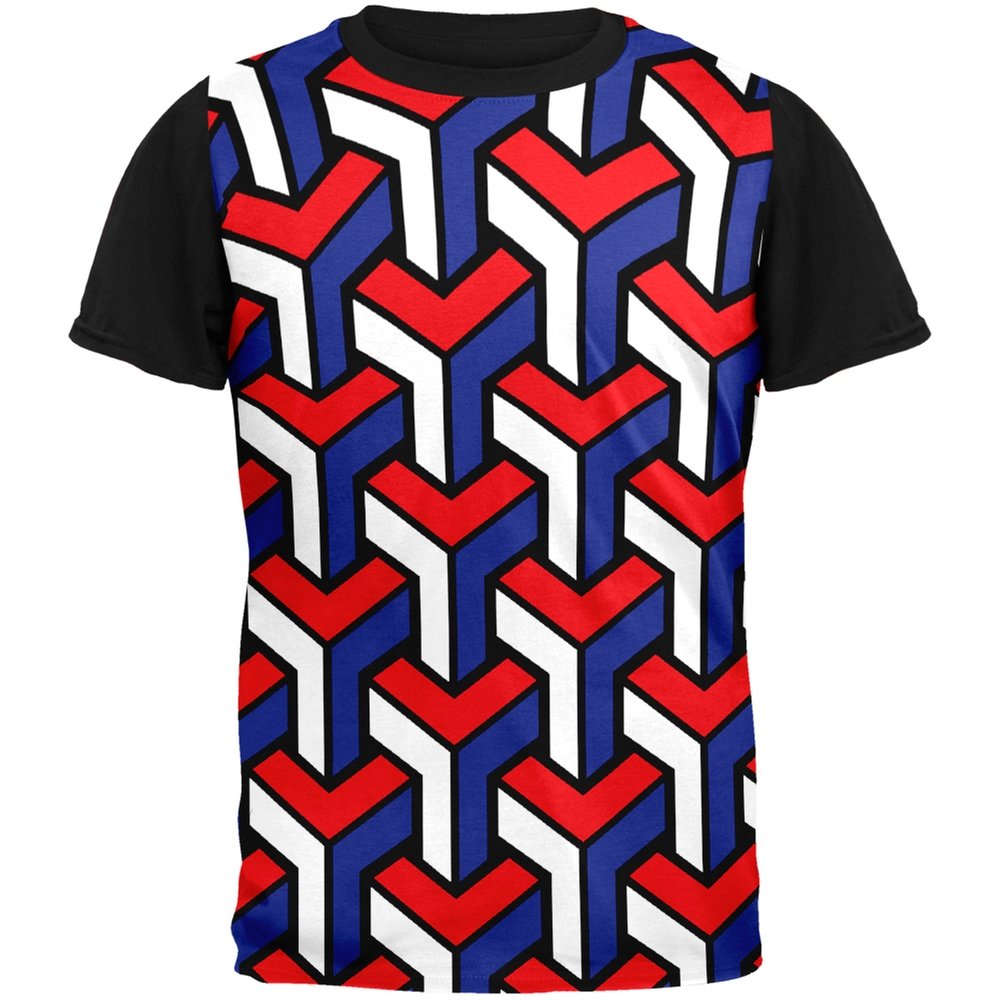 3D Red White & Blue Blocks Print Adult Black T-Shirt - Patriotic Graphic Tee for Men & Women, Casual Wear & Fourth of July Celebrations