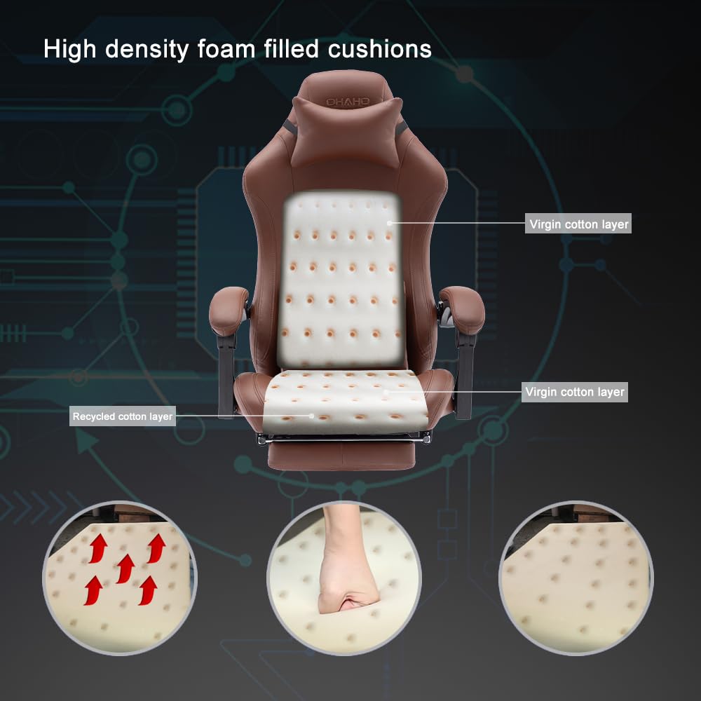 OHAHO Ergonomic Gaming Chair with Adjustable Footrest & Lumbar Support - 360° Swivel Height-Adjustable Office Chair with Headrest for PC Gaming & Home Office Work (Tan) - Perfect for Esports, Streaming & Long Work Sessions
