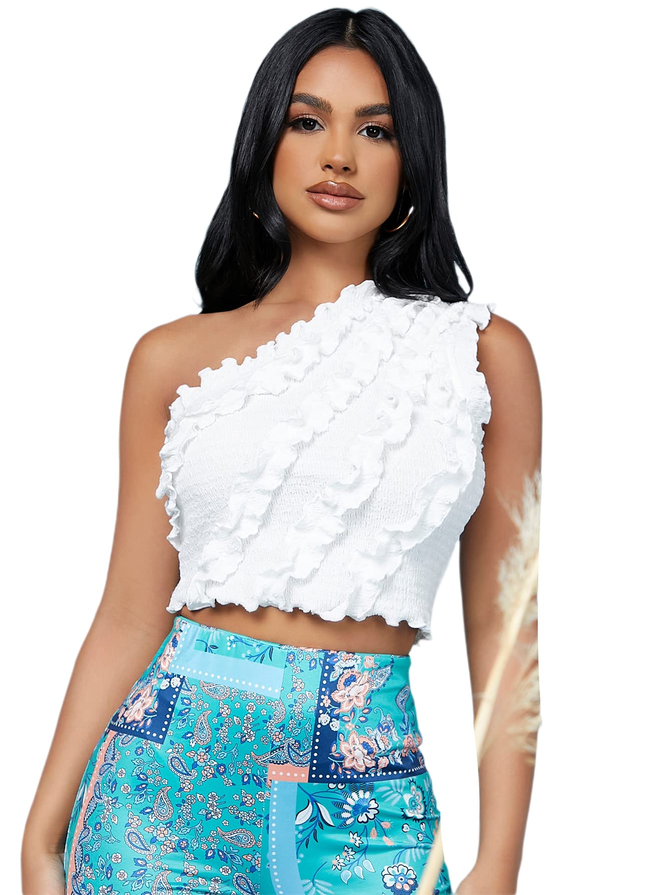 Milumia Women's One Shoulder Ruffle Trim Shirred Slim Fit Crop Tank Top - Sexy Summer Blouse for Beach, Party & Date Night Outfits