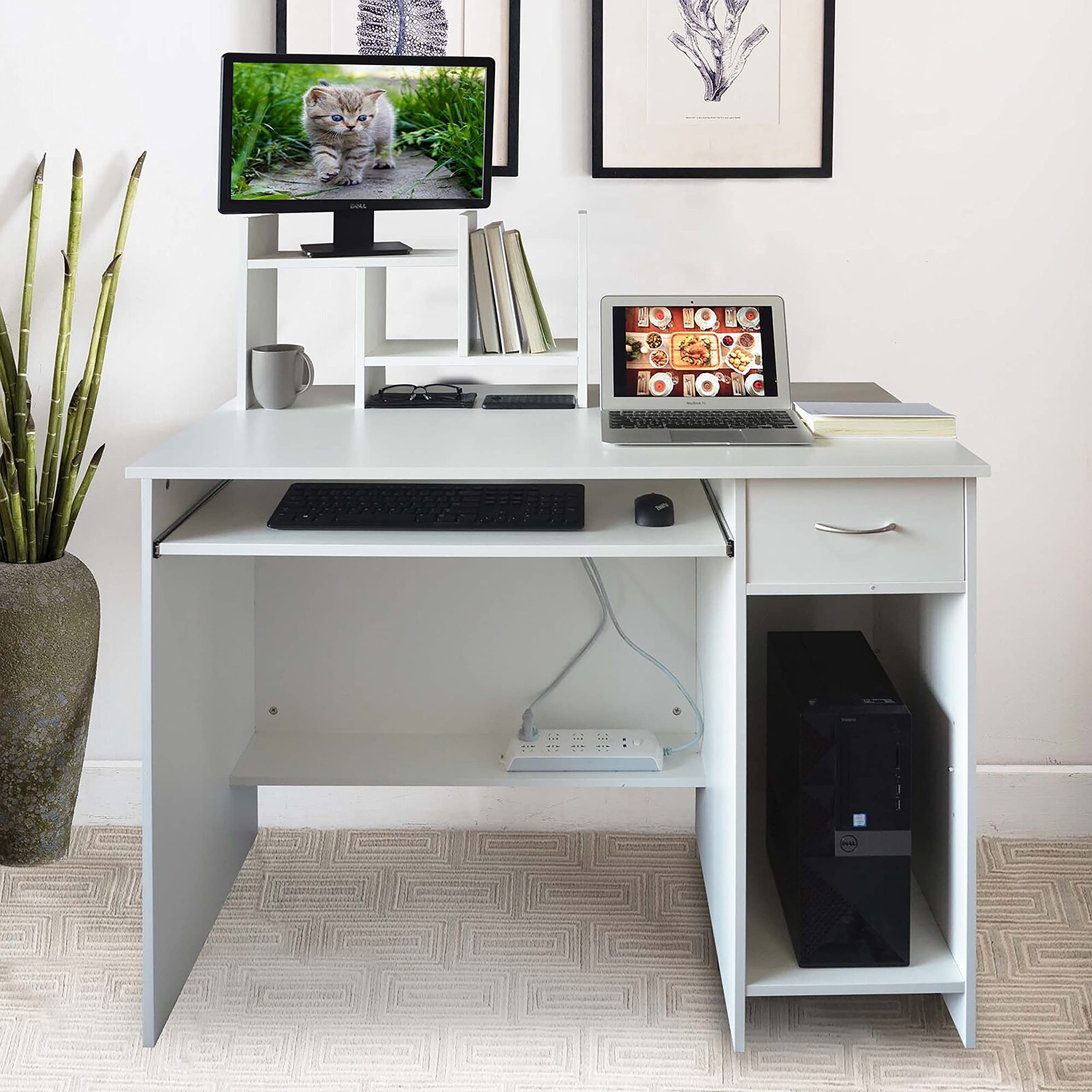 Adjustable Wooden Desktop Bookshelf Organizer - Office Desk Storage Rack with Free-Style Display, Natural Wood Stand for Books, Supplies & Decor | Perfect for Home Office, Study Room & Workspace (White)