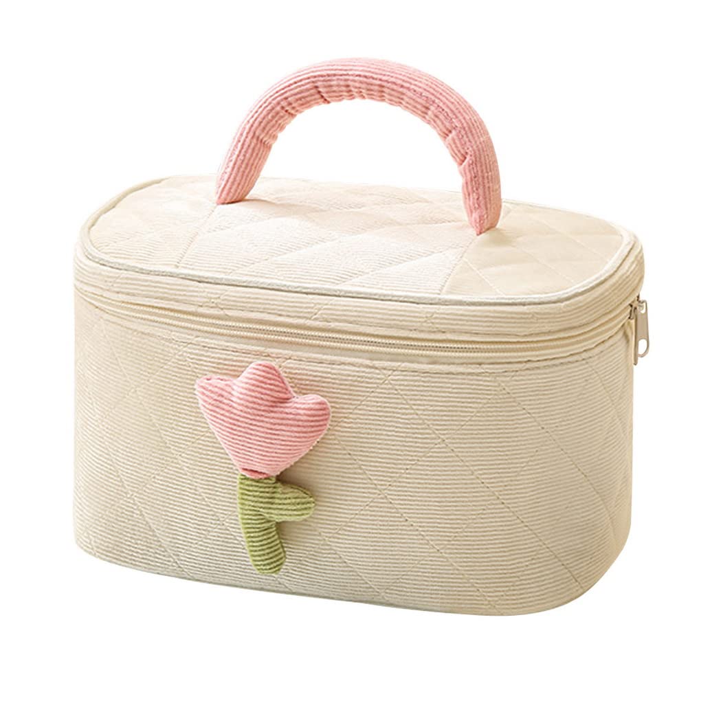 ACMEDE 3D Tulip Flower Makeup Bag for Women - Large Capacity Travel Cosmetic Organizer with Zipper, Corduroy Toiletry Bag for Girls | Perfect for Travel, Gym & Daily Beauty Storage (Beige)