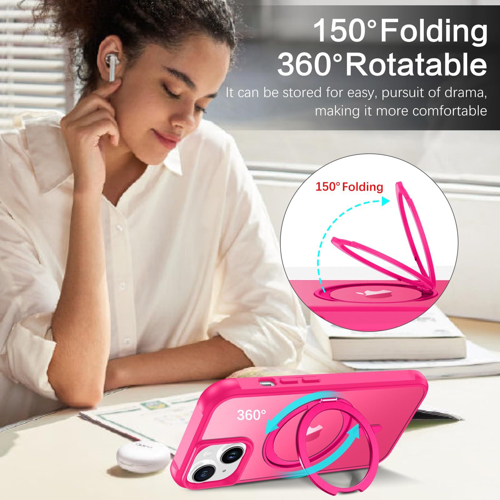 Magnetic iPhone 13/14 Case with Rotatable Ring Holder & Kickstand - Shockproof Protective Cover Compatible with MagSafe | Hot Pink | Perfect for Work, Travel & Everyday Use