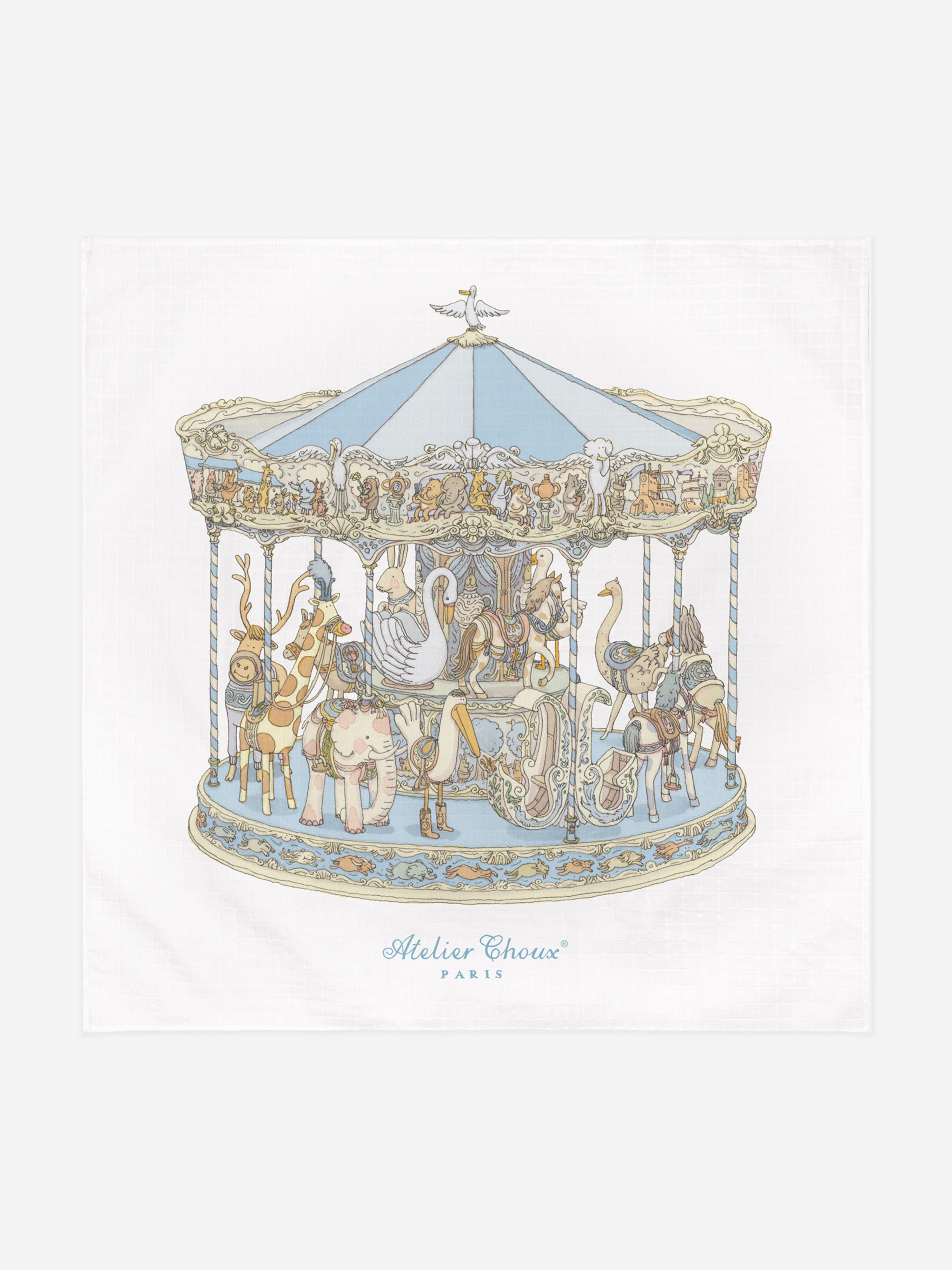 Atelier Choux Blue Carousel Swaddle Blanket for Baby Boys - 100cm Soft Cotton Muslin Wrap - Perfect for Newborns, Nursery, and Photo Shoots