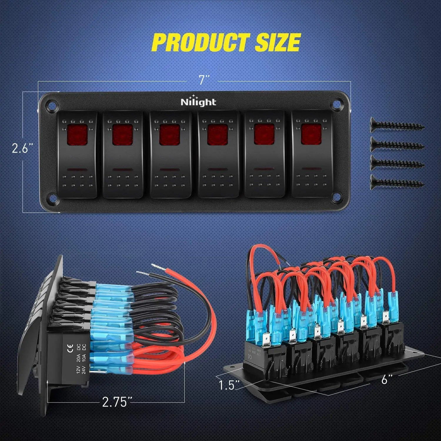 6 Gang Aluminum 5 Pin ON/Off Red Rocker Switch Panel - Heavy Duty Marine & Automotive Dash Mount for Boats, RVs, Trucks, and Off-Road Vehicles
