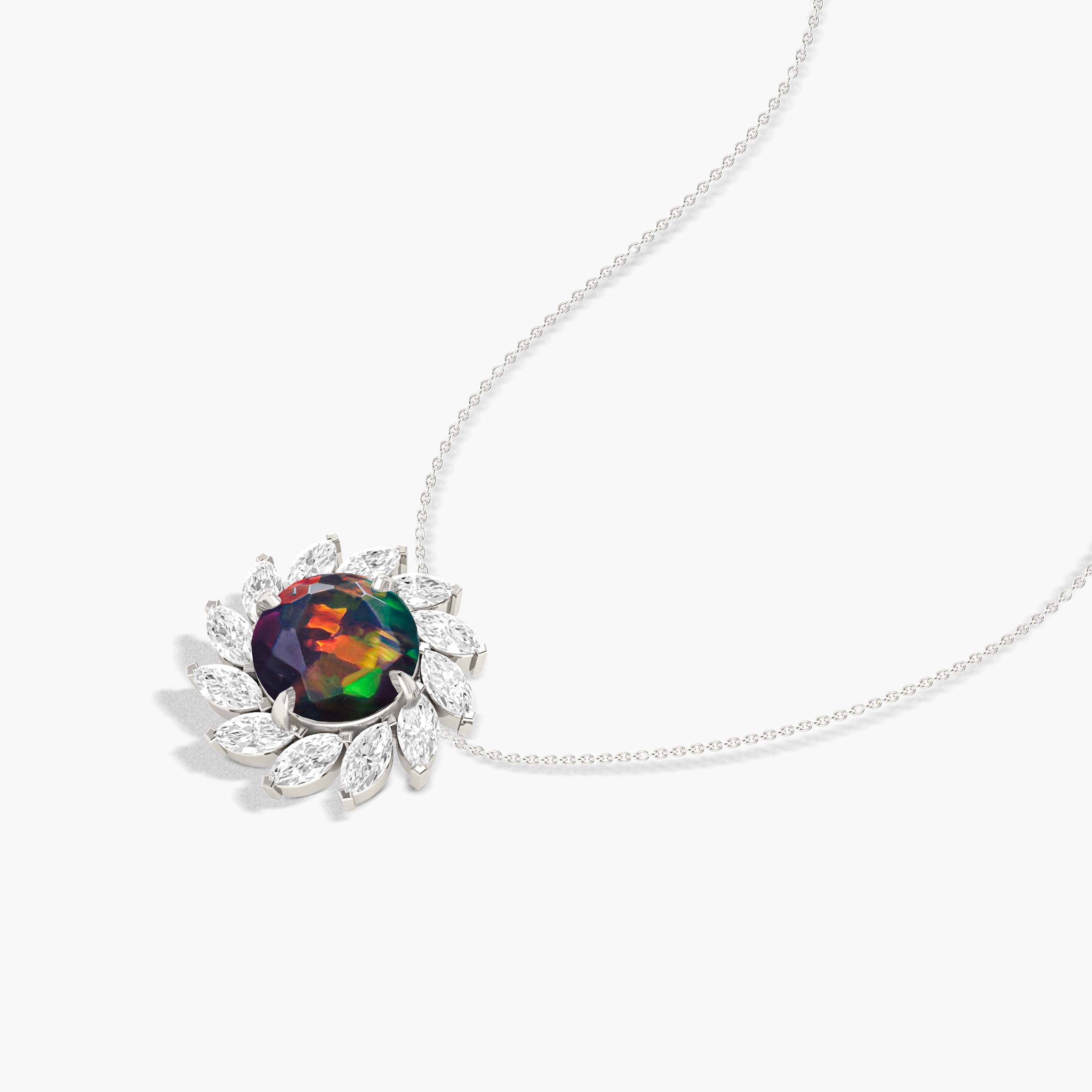 Sunflower Charm Pendant Necklace with Natural Black Opal & White Zircon - Elegant Bohemian Jewelry for Women, Perfect for Weddings, Parties & Everyday Wear