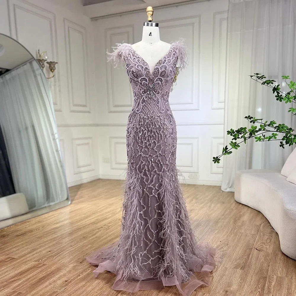 Elegant Champagne Mermaid Evening Dress with Diamond Feathers - Sleeveless Formal Beaded Gown for Women | Perfect for Prom, Wedding Guest & Black Tie Events - LA70350