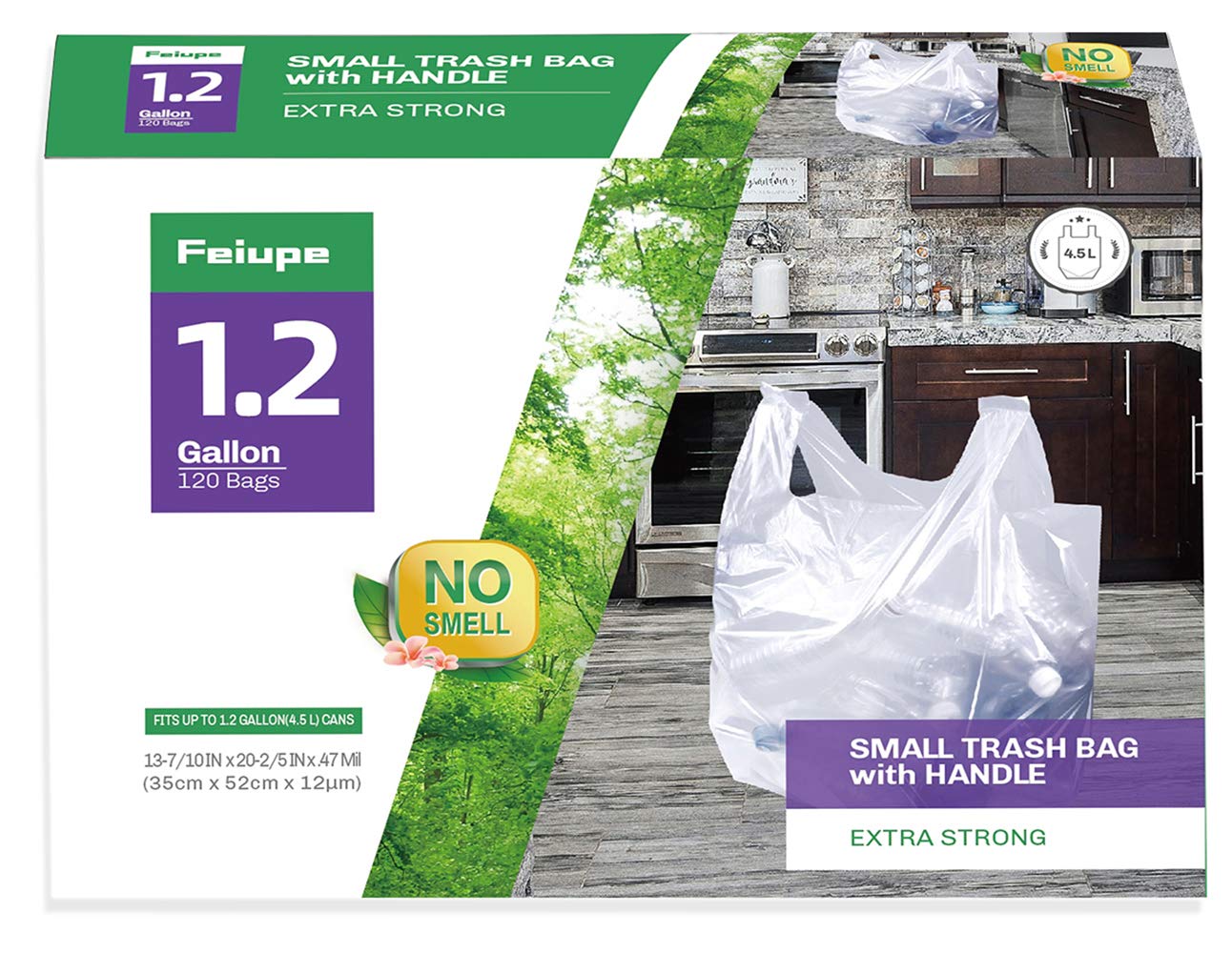 Feiupe Clear Trash Bags with Handles - 1.2 Gallon Small Garbage Can Liners (120 Count) - Perfect for Bathroom, Office, and Bedroom Waste Disposal