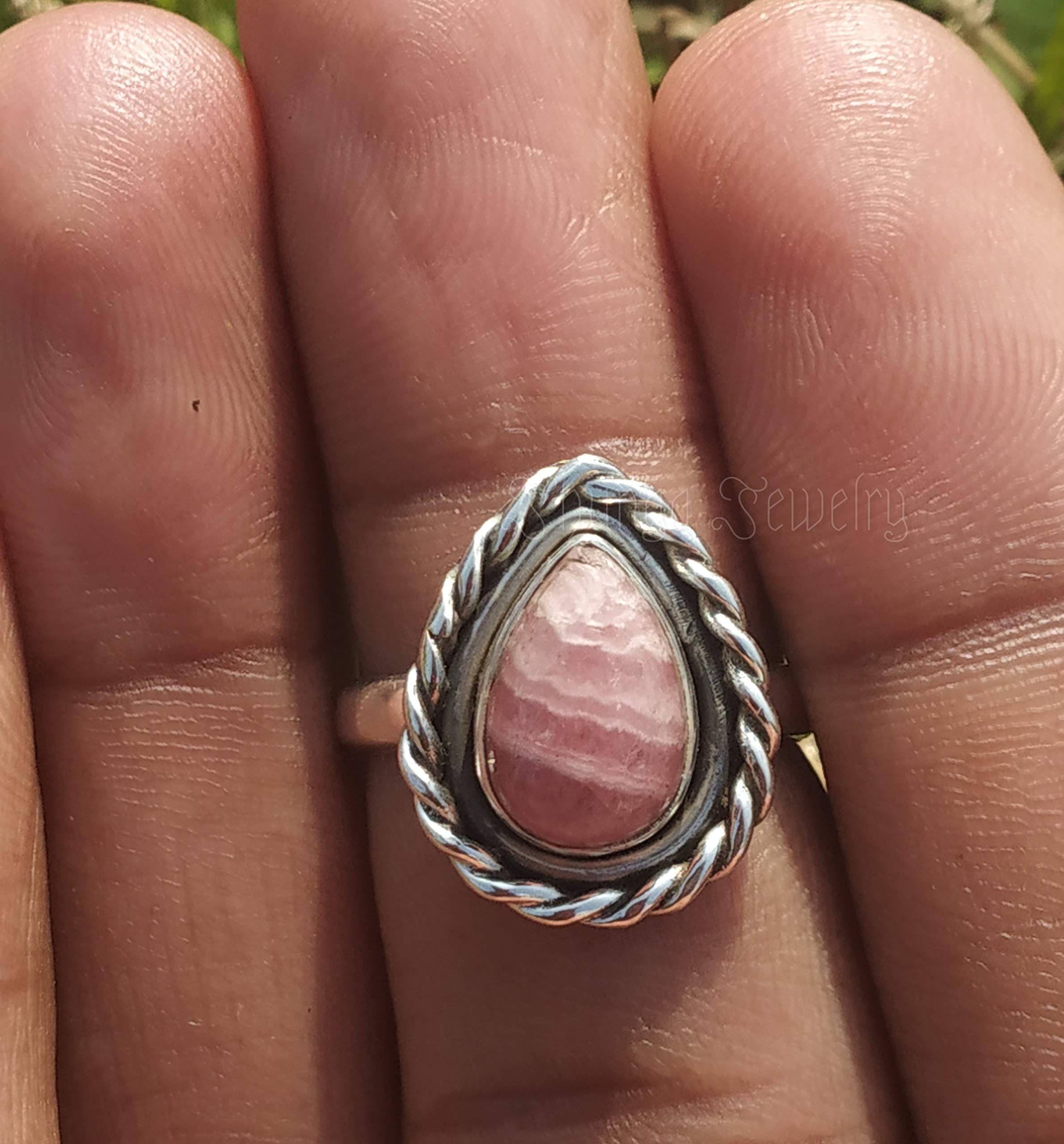 Handmade Rhodochrosite Ring in 925 Sterling Silver - Vintage Boho Statement Jewelry with Natural Pale Pink Pear Stone, Dainty Antique Design - Perfect Women's Gift for Bridesmaids, Anniversaries & Special Occasions