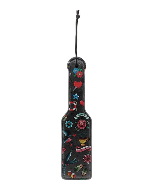 Vintage Old School Tattoo Style Printed Paddle - Black Wooden Spanking Paddle for BDSM, Adult Play & Decorative Wall Art
