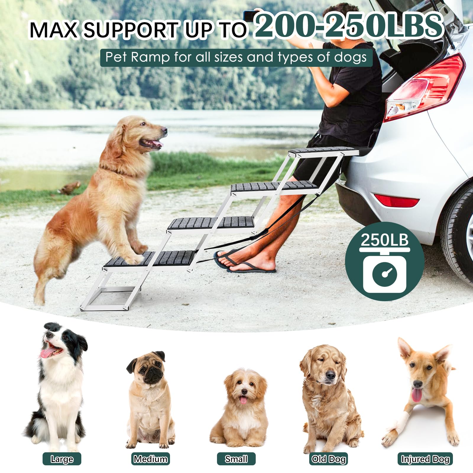 Extra Wide Dog Ramp for Cars & SUVs - Foldable 4-Step Aluminum Pet Stairs for Large Dogs up to 200 lbs - Lightweight Dog Steps for High Beds, Trucks & Vehicles with Non-Slip Rug (Perfect for Elderly Pets & Travel Accessories)