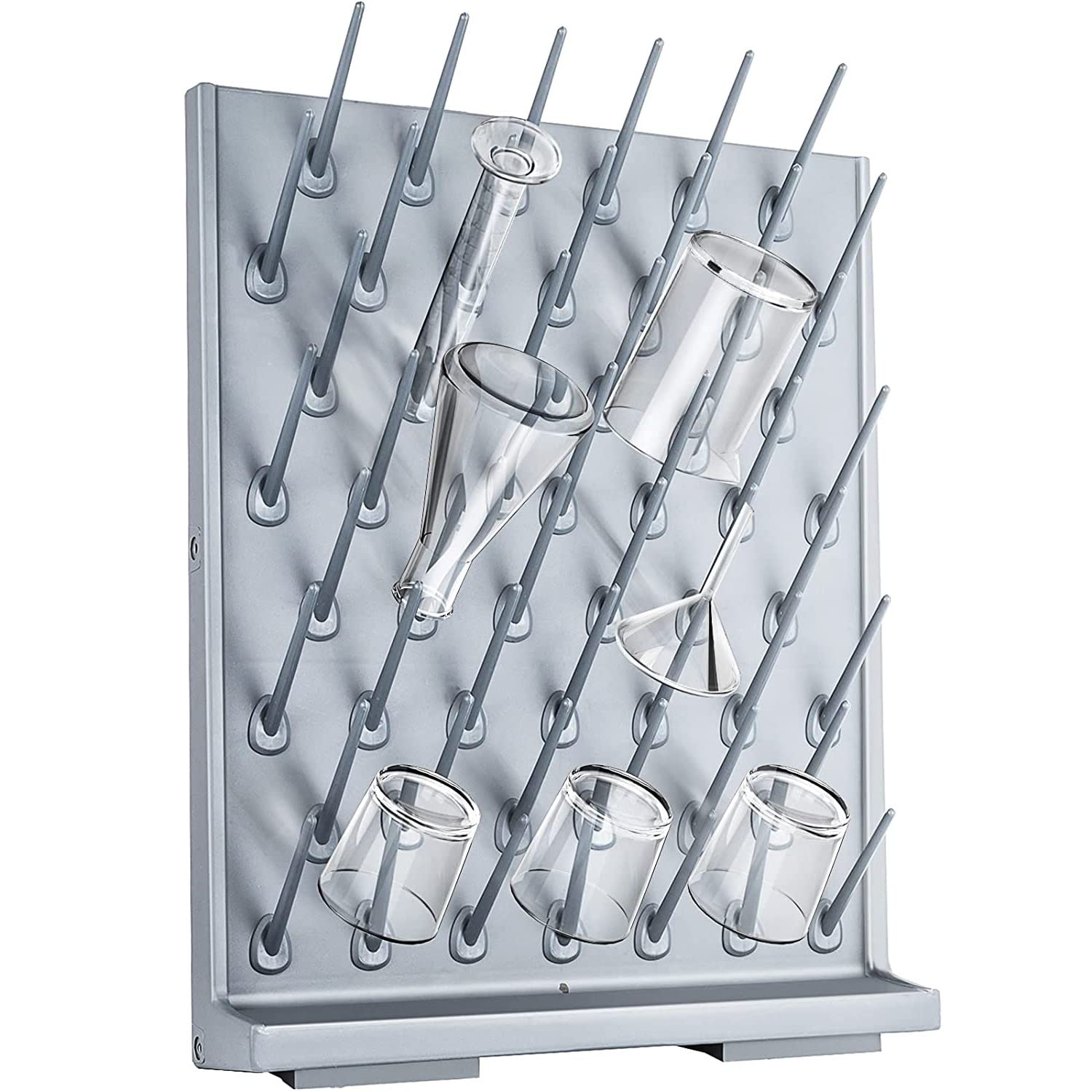 INTBUYING 52-Peg Wall Mounted Bottle Drying Rack - Grey PP Plastic Glassware Drying Station for Lab, Kitchen & Education Use - Space-Saving Desk Organizer for Test Tubes, Beakers & Cleaning Equipment
