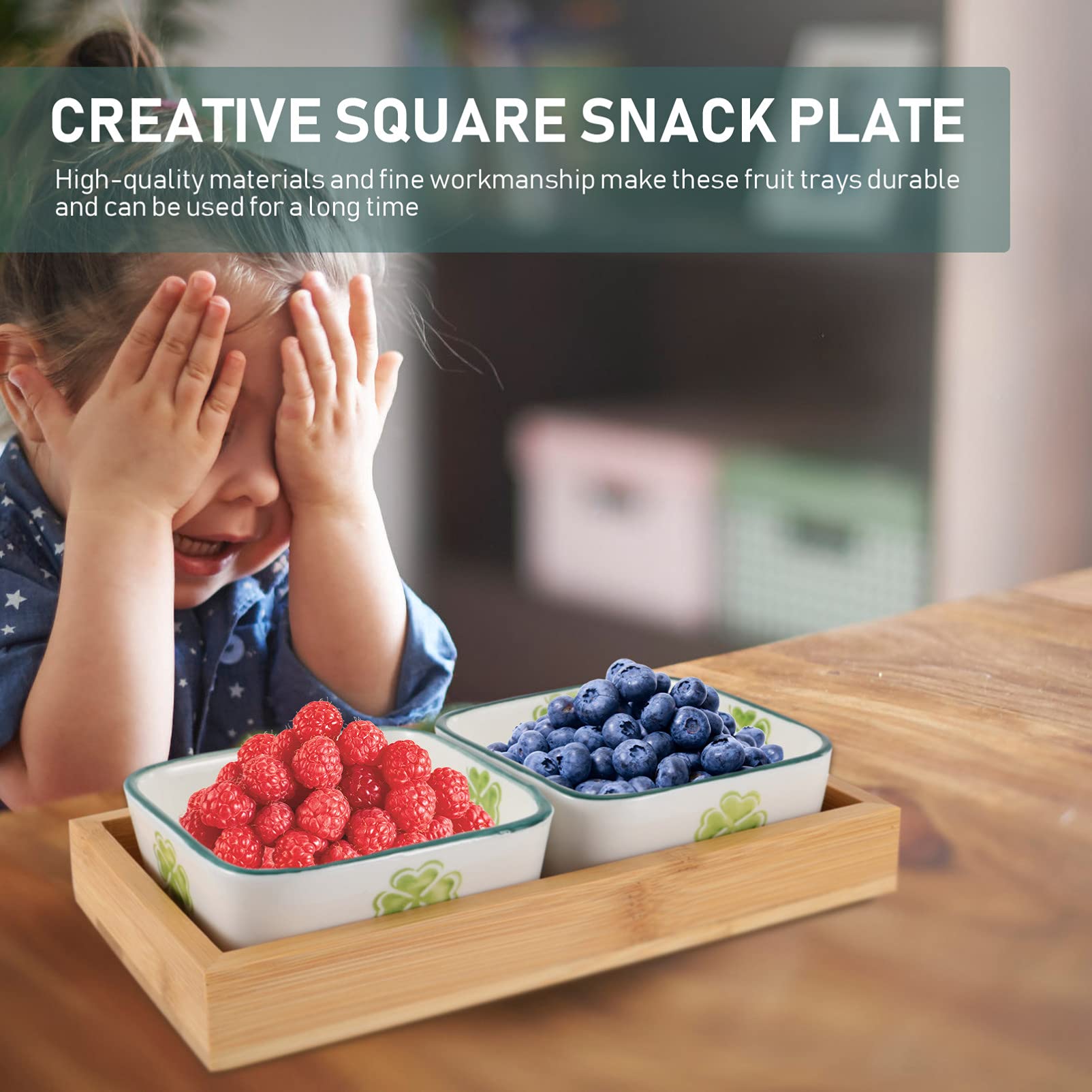 Premium Japanese Ceramic Fruit & Snack Serving Tray Set with Wooden Holder - Divided Compartment Platter for Fruits, Nuts, Appetizers | Perfect for Party Serving, Tea Time, Home Decor & Gift Giving